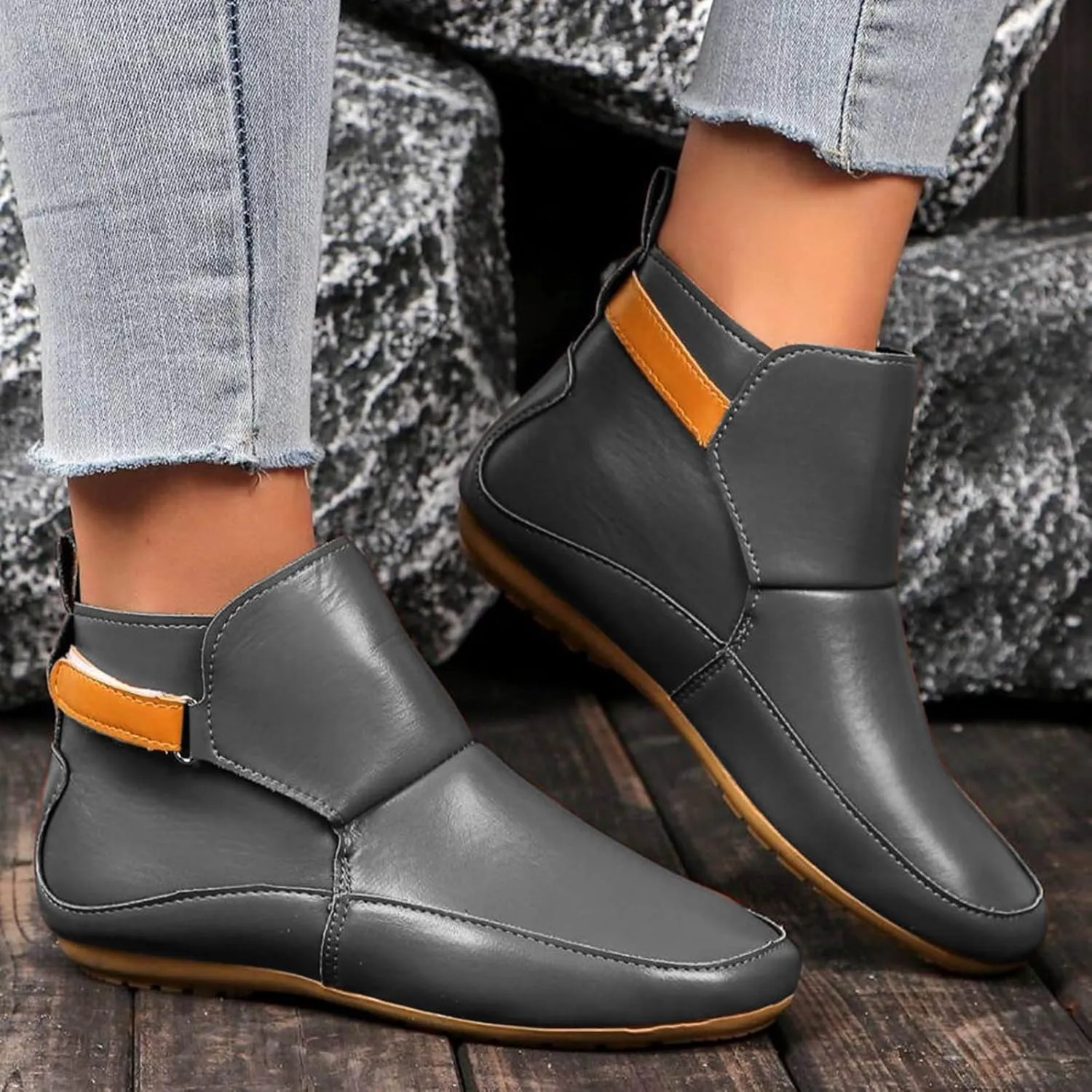 Cathalem Ankle Boots for Women No Heel,Arch Support Booties Side Zip-up Vintage Leather Damping Shoes Flat Heel Booties