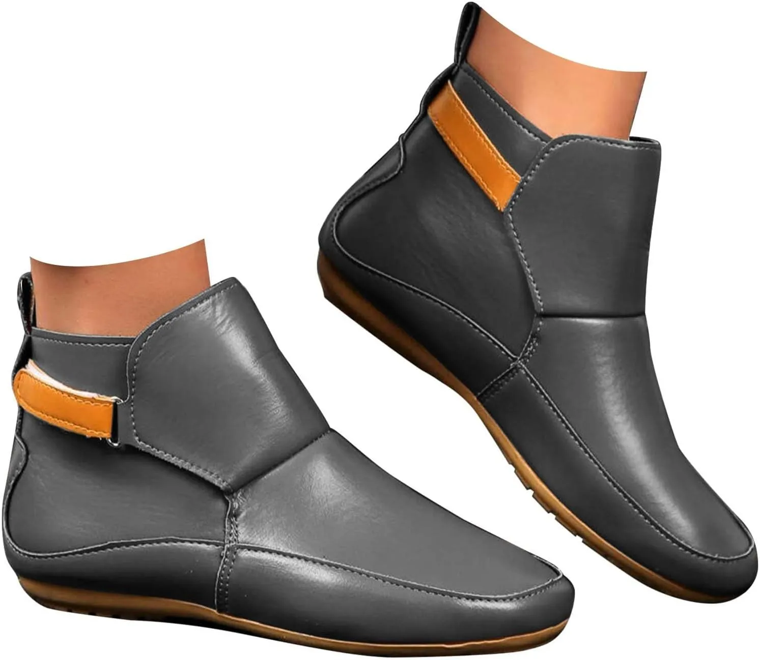 Cathalem Ankle Boots for Women No Heel,Arch Support Booties Side Zip-up Vintage Leather Damping Shoes Flat Heel Booties