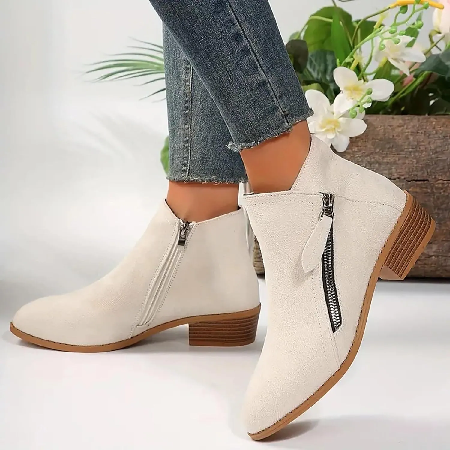 Cathalem Ankle Boots for Women, Women's Tie Knot Chelsea Pump Ankle Boots Closed Toe Stacked Heel Booties Shoes