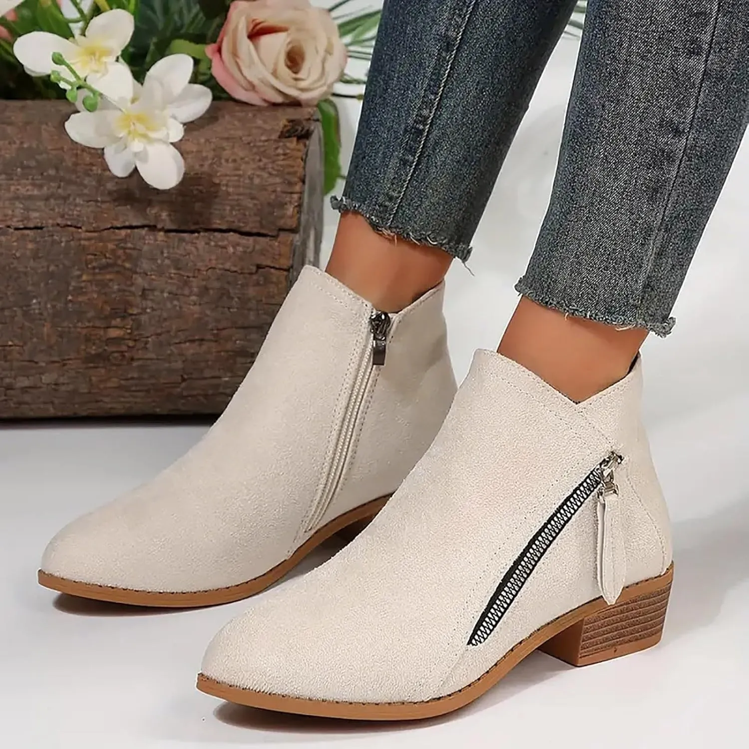 Cathalem Ankle Boots for Women, Women's Tie Knot Chelsea Pump Ankle Boots Closed Toe Stacked Heel Booties Shoes