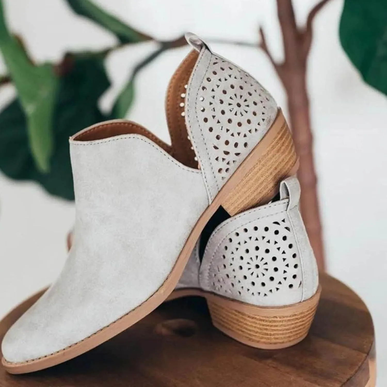 Cathalem Booties for Women Cowgirl Boots Stacked Low Heel Ankle Booties Slip On Perforated Western Booties Cutout Shoes