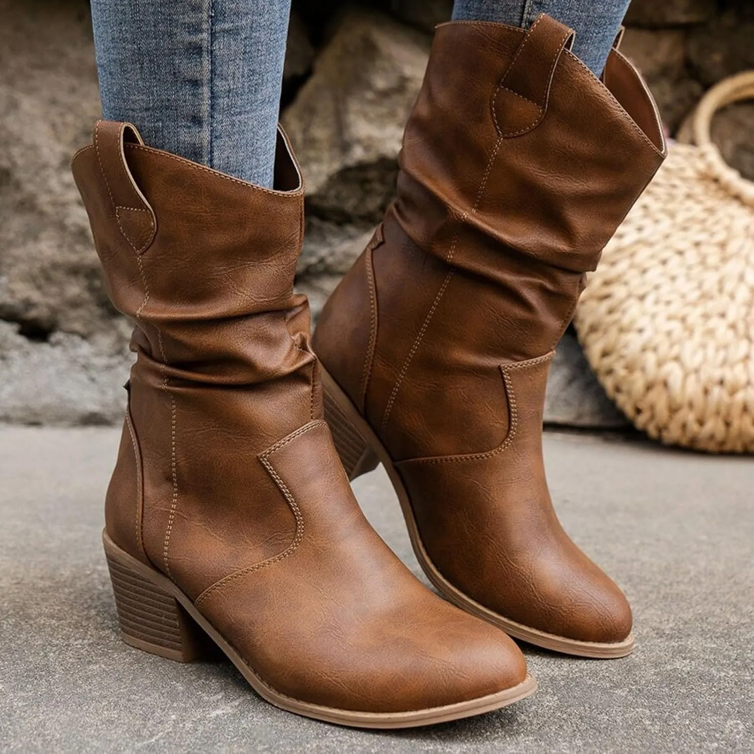 Cathalem Cowboy Boots for Women, Cowboy Cowgirl Western Ankle Boots Low Chunky Heels Square Toe Fall Short Booties Shoes