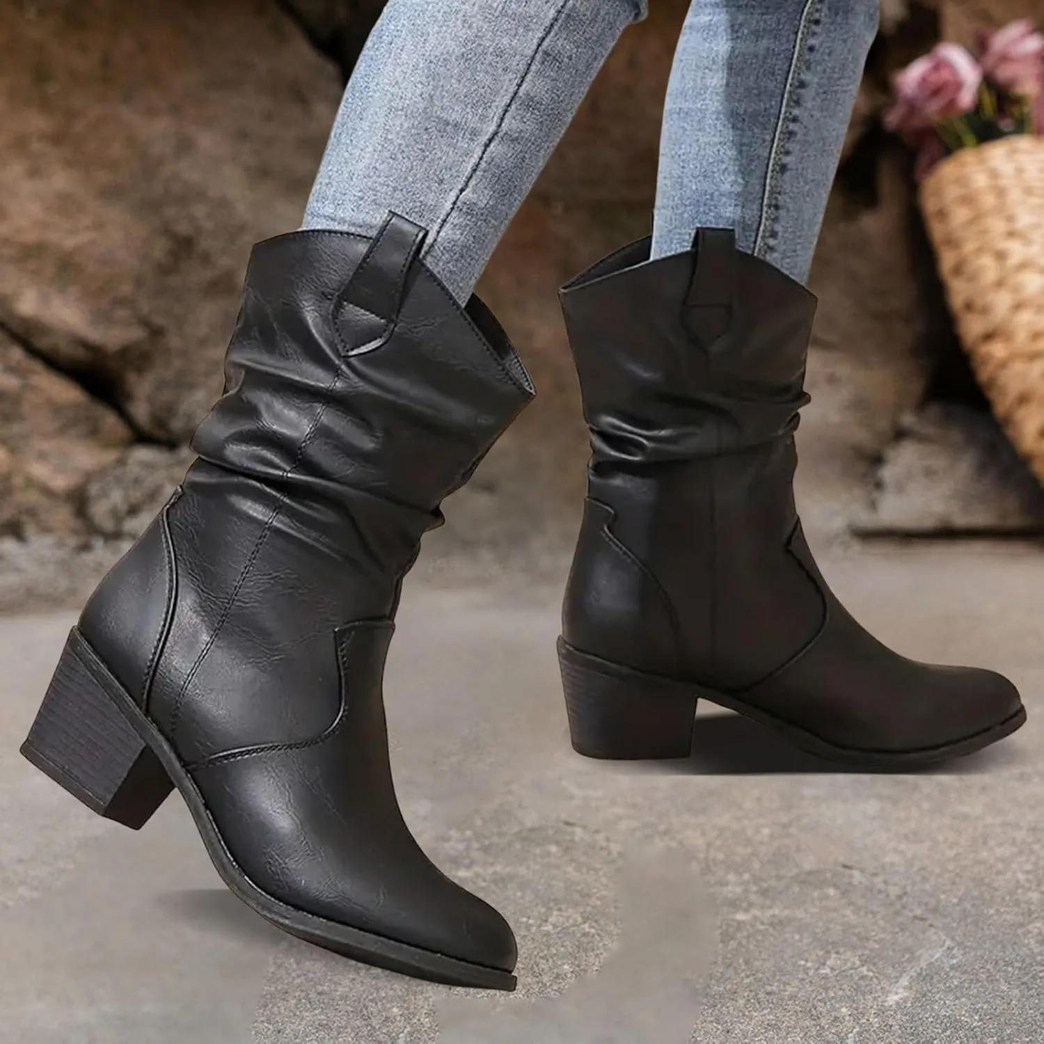 Cathalem Cowboy Boots for Women, Cowboy Cowgirl Western Ankle Boots Low Chunky Heels Square Toe Fall Short Booties Shoes
