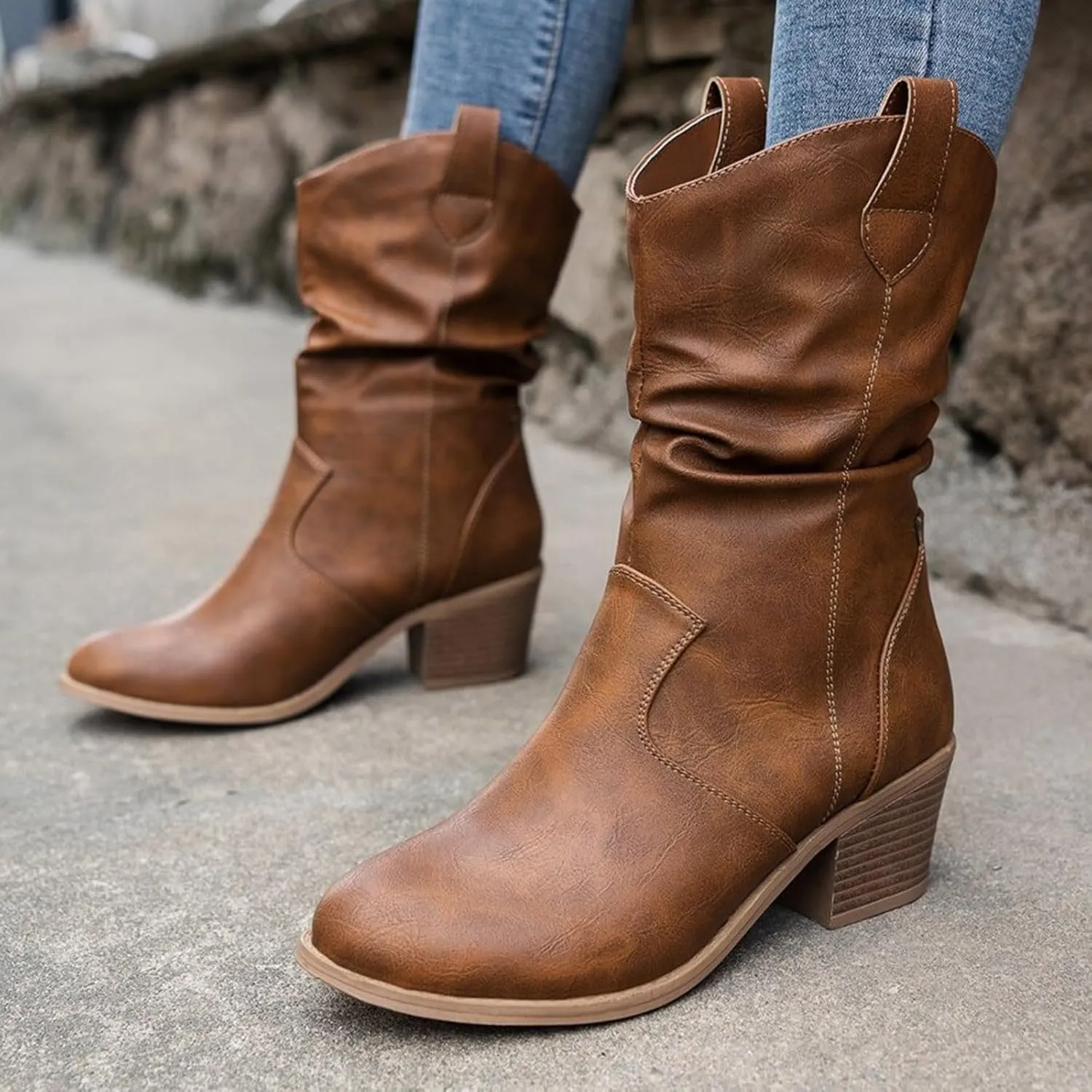 Cathalem Cowboy Boots for Women, Cowboy Cowgirl Western Ankle Boots Low Chunky Heels Square Toe Fall Short Booties Shoes