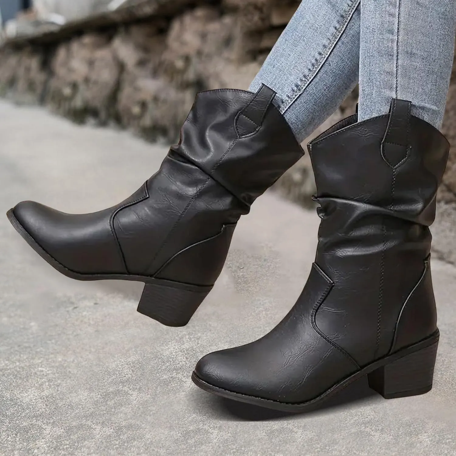 Cathalem Cowboy Boots for Women, Cowboy Cowgirl Western Ankle Boots Low Chunky Heels Square Toe Fall Short Booties Shoes
