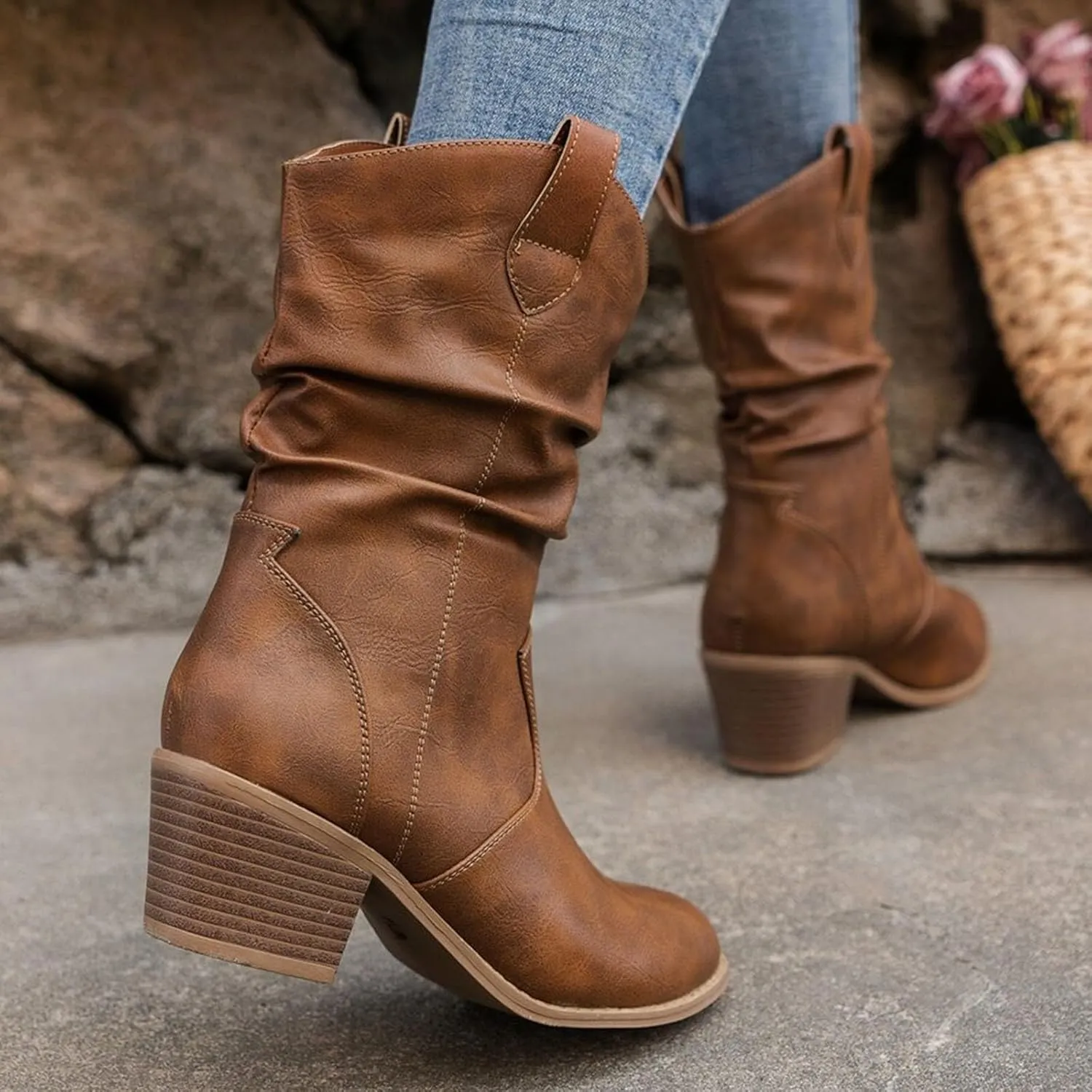Cathalem Cowboy Boots for Women, Cowboy Cowgirl Western Ankle Boots Low Chunky Heels Square Toe Fall Short Booties Shoes