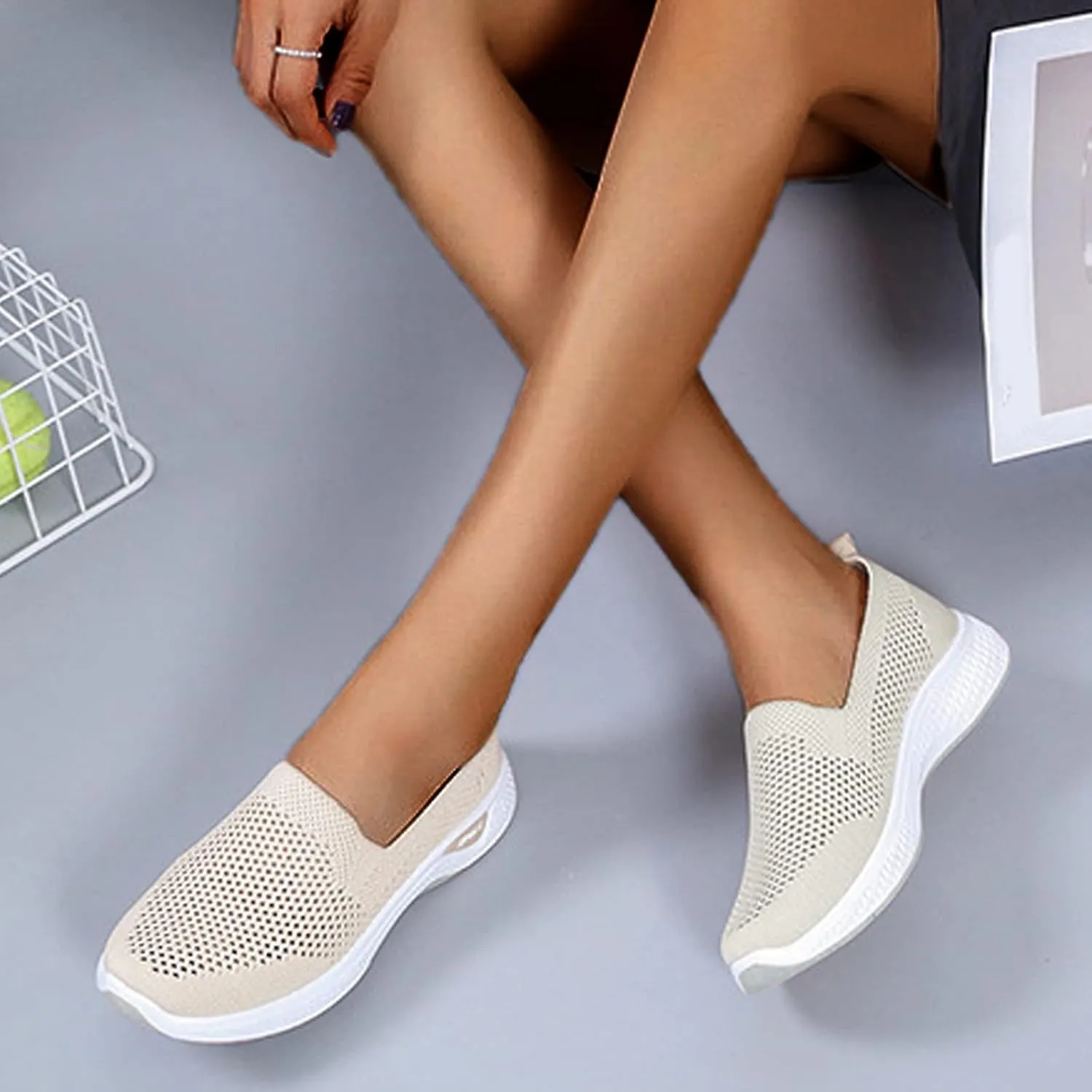 Cathalem Orthopedic Shoes for Women Woven Orthopedic Breathable Shoes Slip On Arch Support Walking Shoes Casual Running Shoes