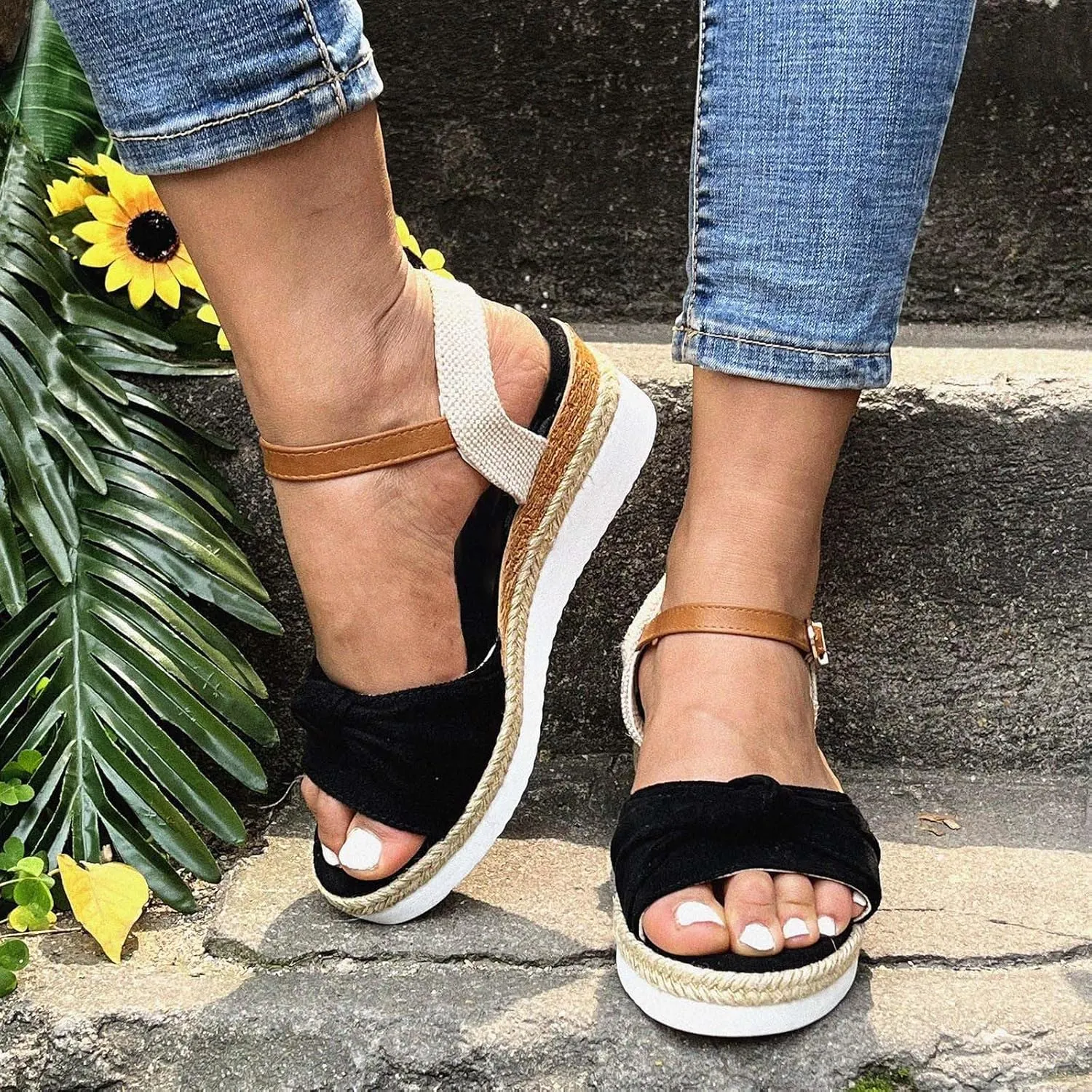Cathalem Orthopedic Wedge Sandals for Women Open Toe Ankle Strap Platform Sandals Casual Strappy Sandals Zipper Summer Dressy Beach Sandals