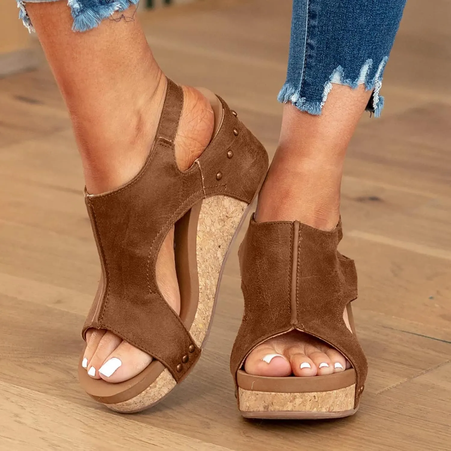 Cathalem Summer Sandals for Women 2024 Summer Platform Wedges Espadrille Heel Strappy Leather Arch Support Sandals