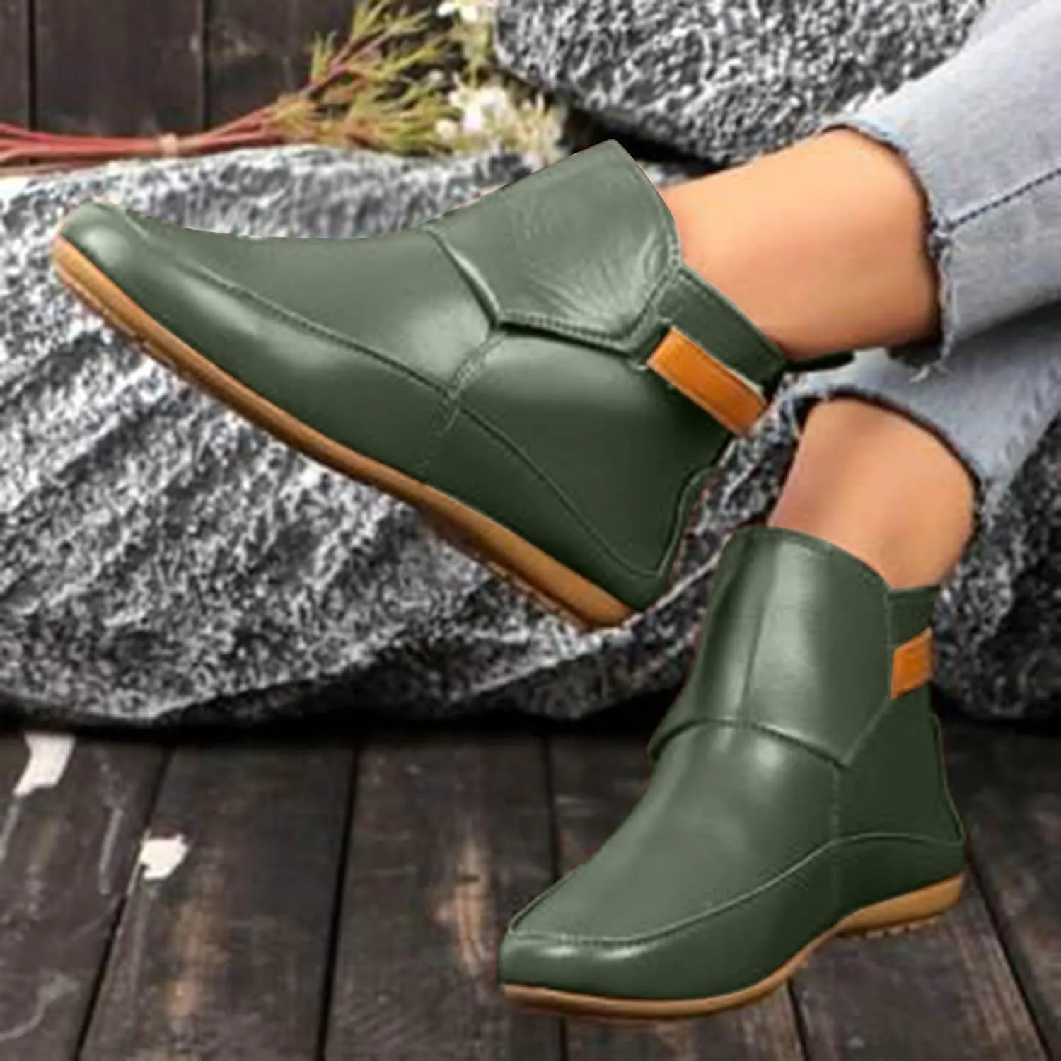 Cathalem Womens Ankle Boots, 2024 New Arch Support Booties Side Zip-up Vintage Leather Damping Shoes Flat Heel Booties