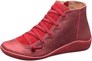 Cathalem Womens Ankle Boots, Ankle Boots for Women No Heel Arch Support Boots Side Zipper Vintage Leather Flat Heel Booties