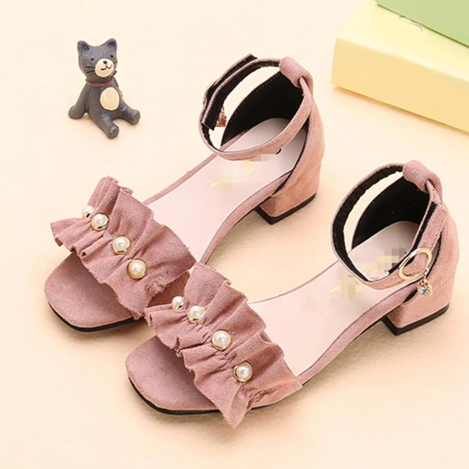 Children Shoes Thick High Heeled Sandals Fashionable Small High Heeled Flower Pearl Sandals Toddler Girl Size 11