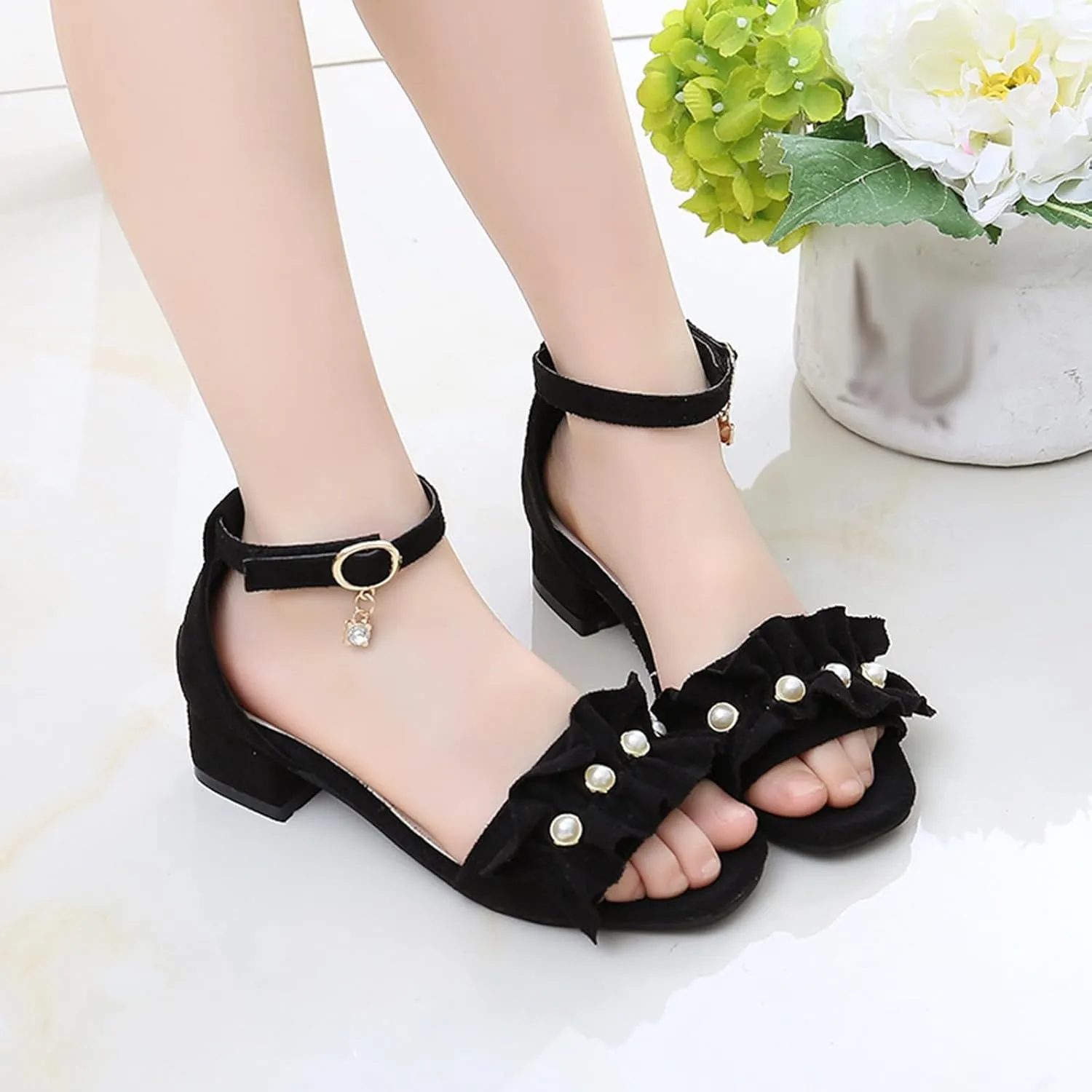 Children Shoes Thick High Heeled Sandals Fashionable Small High Heeled Flower Pearl Sandals Toddler Girl Size 11