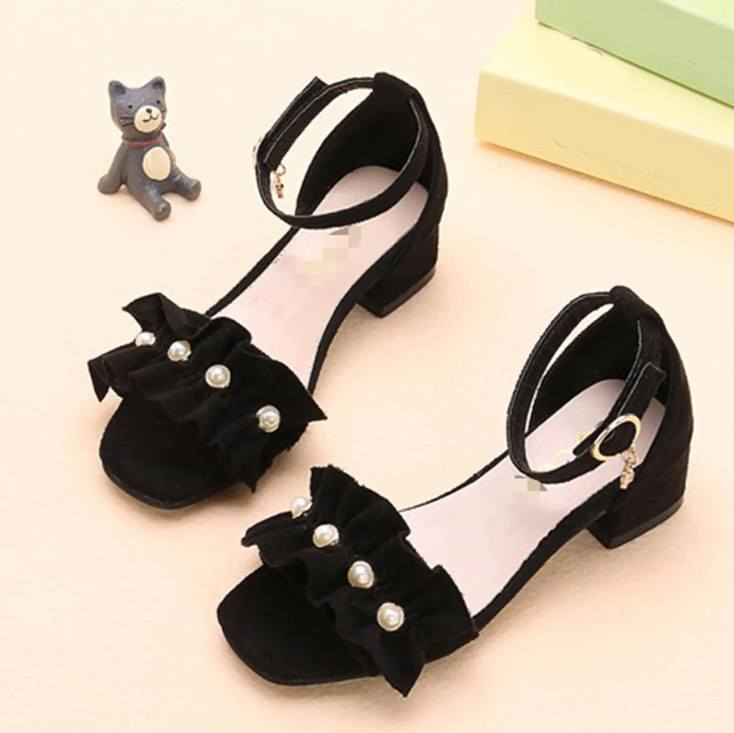 Children Shoes Thick High Heeled Sandals Fashionable Small High Heeled Flower Pearl Sandals Toddler Girl Size 11
