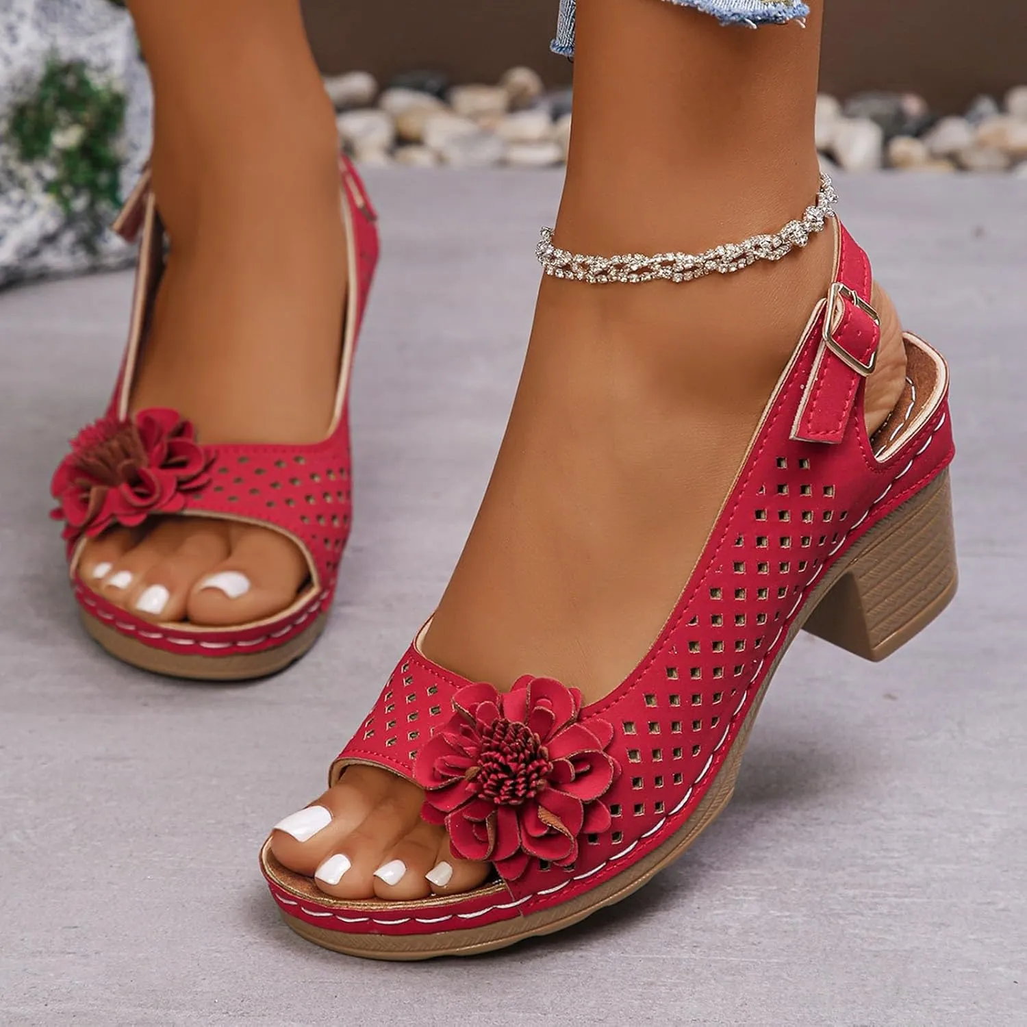 Chunky Heels for Women Dressy, Women Dressy Summer Comfortable Flower Sandals Ankle Strap Block High Heels Casual Hollow Out Platform Wedge Sandals Summer Shoes