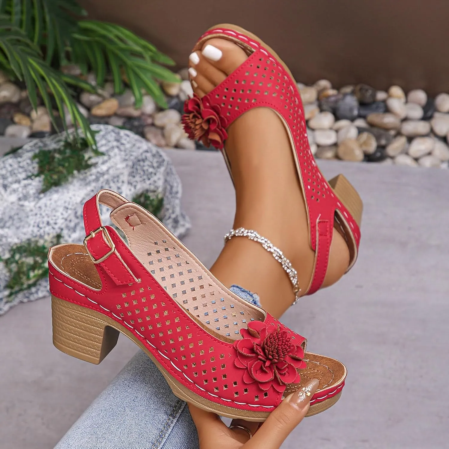 Chunky Heels for Women Dressy, Women Dressy Summer Comfortable Flower Sandals Ankle Strap Block High Heels Casual Hollow Out Platform Wedge Sandals Summer Shoes