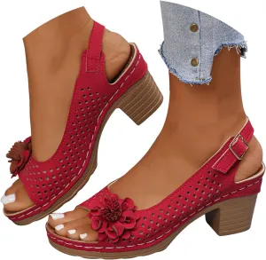 Chunky Heels for Women Dressy, Women Dressy Summer Comfortable Flower Sandals Ankle Strap Block High Heels Casual Hollow Out Platform Wedge Sandals Summer Shoes