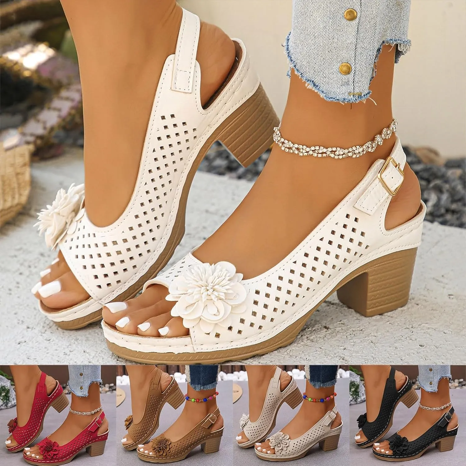 Chunky Heels for Women Dressy, Women Dressy Summer Comfortable Flower Sandals Ankle Strap Block High Heels Casual Hollow Out Platform Wedge Sandals Summer Shoes