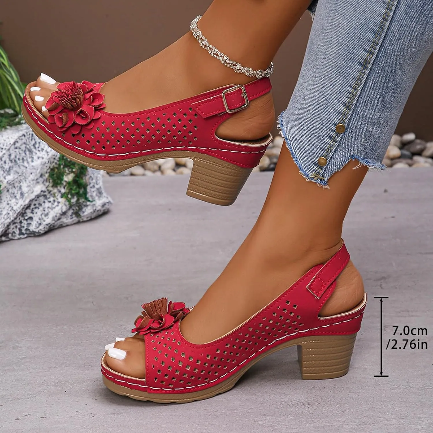 Chunky Heels for Women Dressy, Women Dressy Summer Comfortable Flower Sandals Ankle Strap Block High Heels Casual Hollow Out Platform Wedge Sandals Summer Shoes