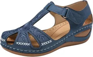 Closed Toe Wedges Sandals for Women, Ankle Strap Hook and Loop Gladiator Flat Causal Summer Shoes Outdoor Beach Athletic Wedge Orthopedic Anti-Slip Vintage Cross Belt Hollow Out Sandal