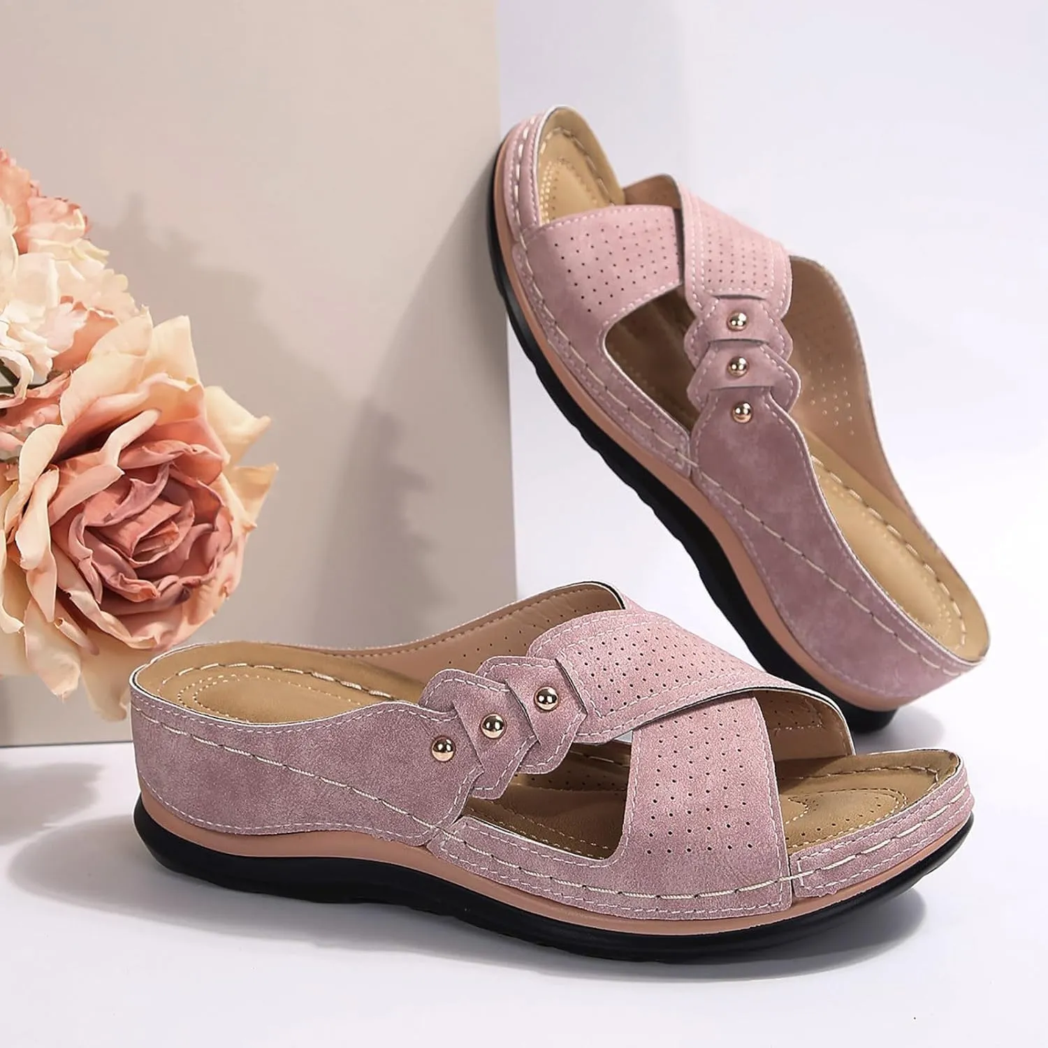 Comfortable Sandals for Women Open Toe Dressy Low Heel Sandals Fashion Crisscross Straps Slip on Wedge Sandal with Arch Support Slip on Platform Sandal Beach Shoes 2025 Orthopedic Wedge Shoes