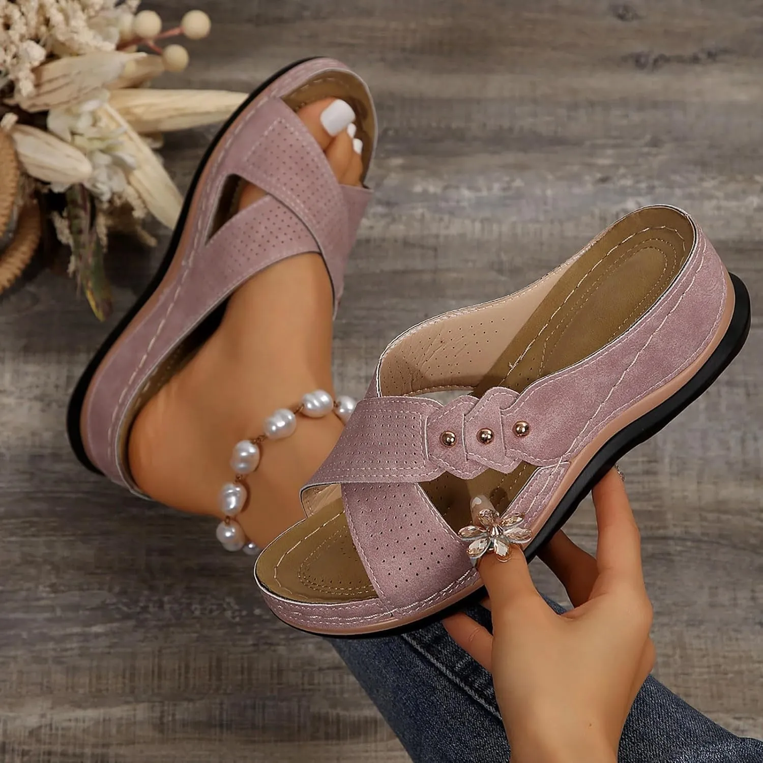 Comfortable Sandals for Women Open Toe Dressy Low Heel Sandals Fashion Crisscross Straps Slip on Wedge Sandal with Arch Support Slip on Platform Sandal Beach Shoes 2025 Orthopedic Wedge Shoes