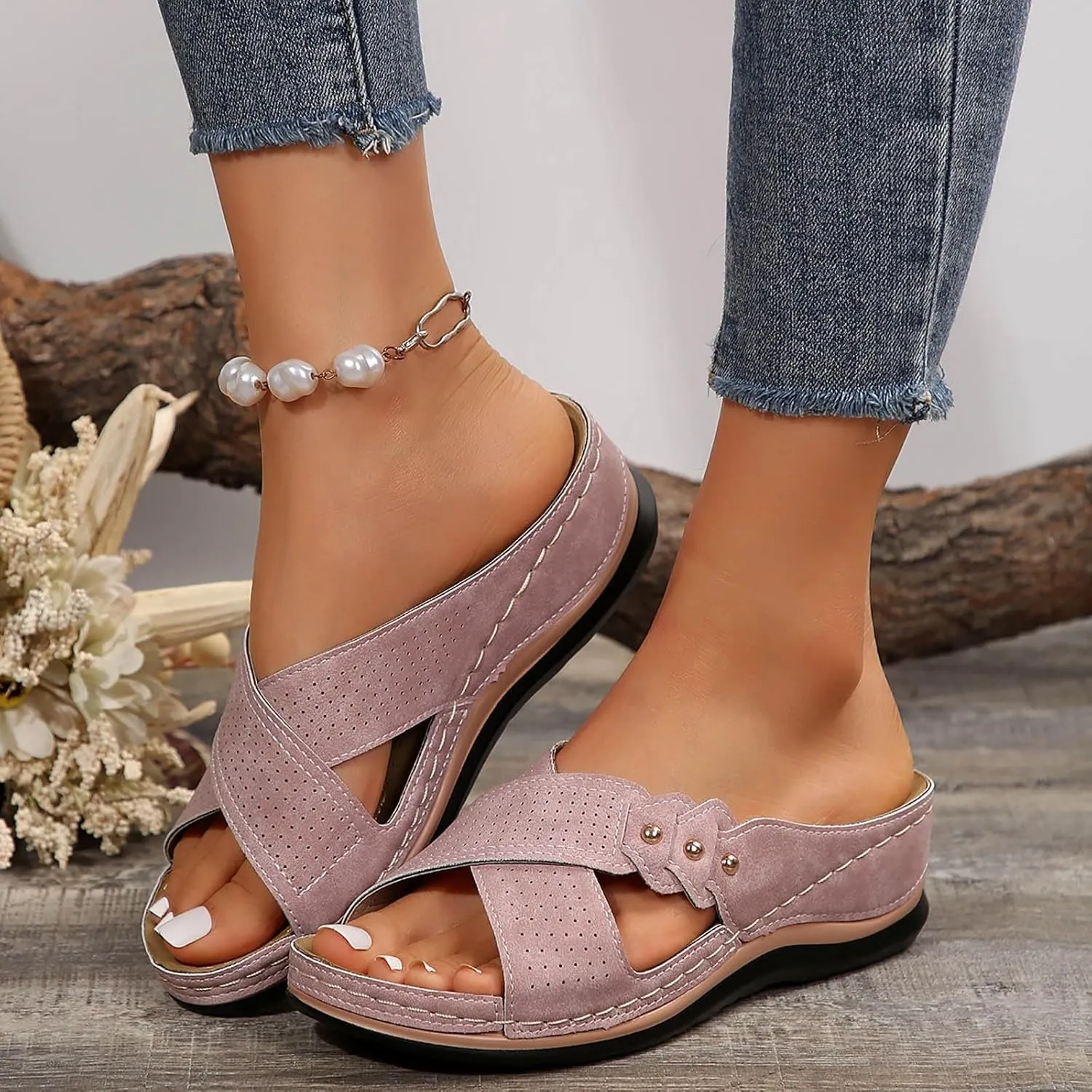 Comfortable Sandals for Women Open Toe Dressy Low Heel Sandals Fashion Crisscross Straps Slip on Wedge Sandal with Arch Support Slip on Platform Sandal Beach Shoes 2025 Orthopedic Wedge Shoes