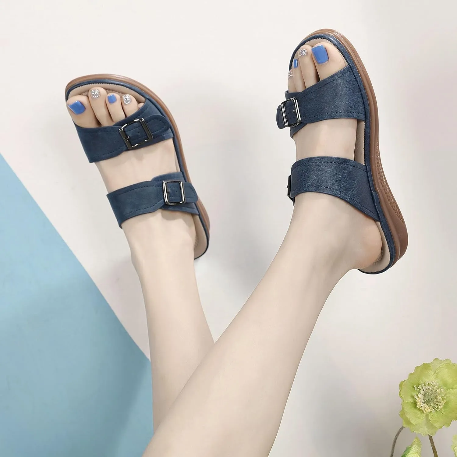 Comfortable Sandals for Women Slip On Slide Slippers Orthopedic Beach Flats Arch Support Wide Width Walking Shoes