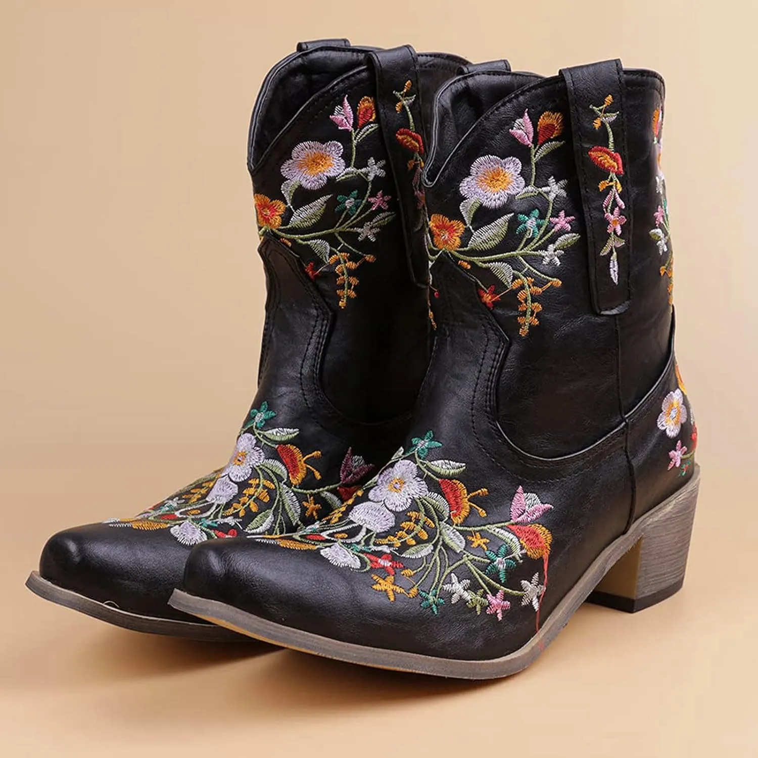 Cowboy Boots for Women Cowgirl Boots Western Fashion Stitched Embroidered Chunky Heels Slip on Black Cowgirl Boots
