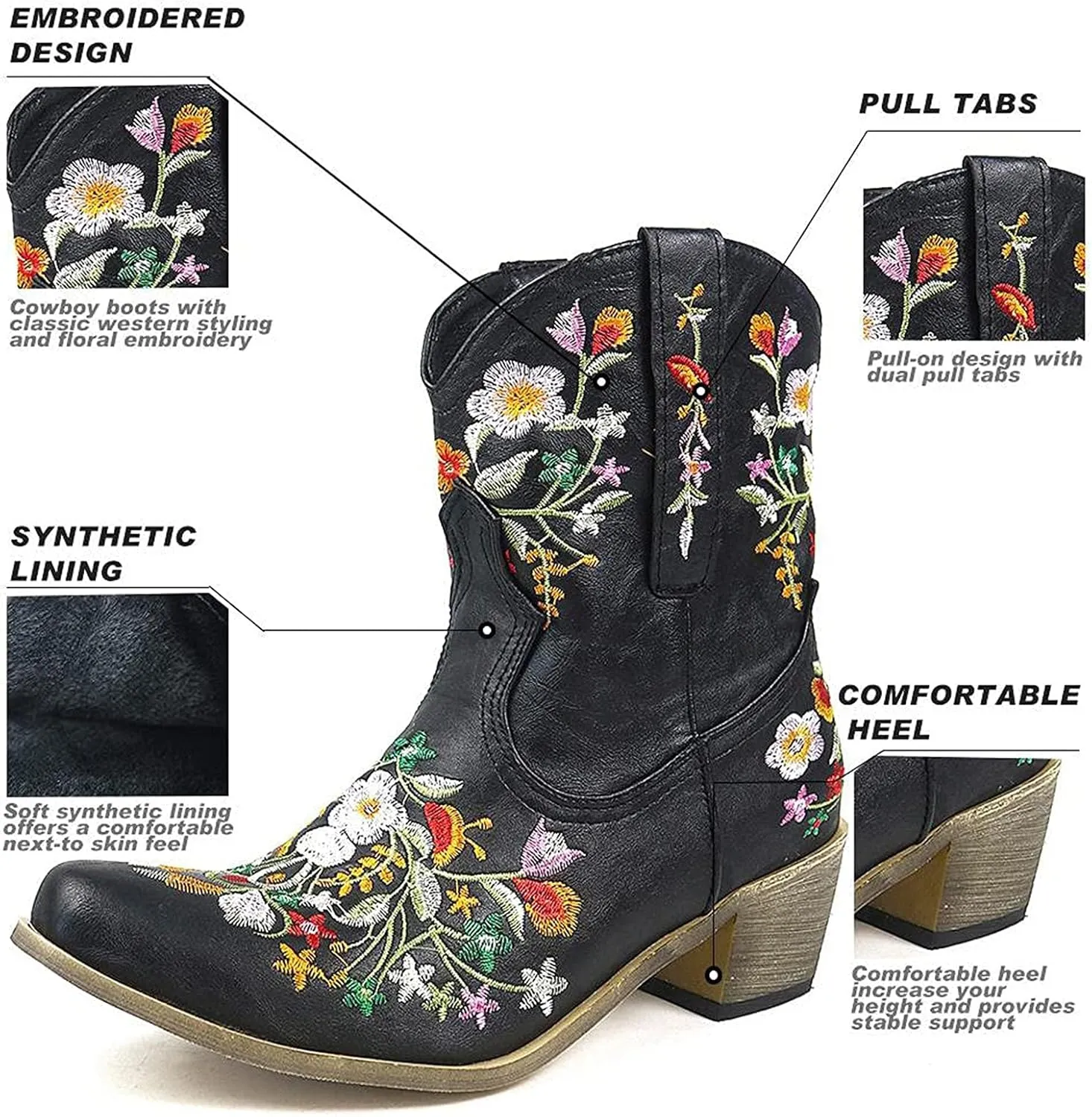 Cowboy Boots for Women Cowgirl Boots Western Fashion Stitched Embroidered Chunky Heels Slip on Black Cowgirl Boots
