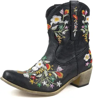 Cowboy Boots for Women Cowgirl Boots Western Fashion Stitched Embroidered Chunky Heels Slip on Black Cowgirl Boots