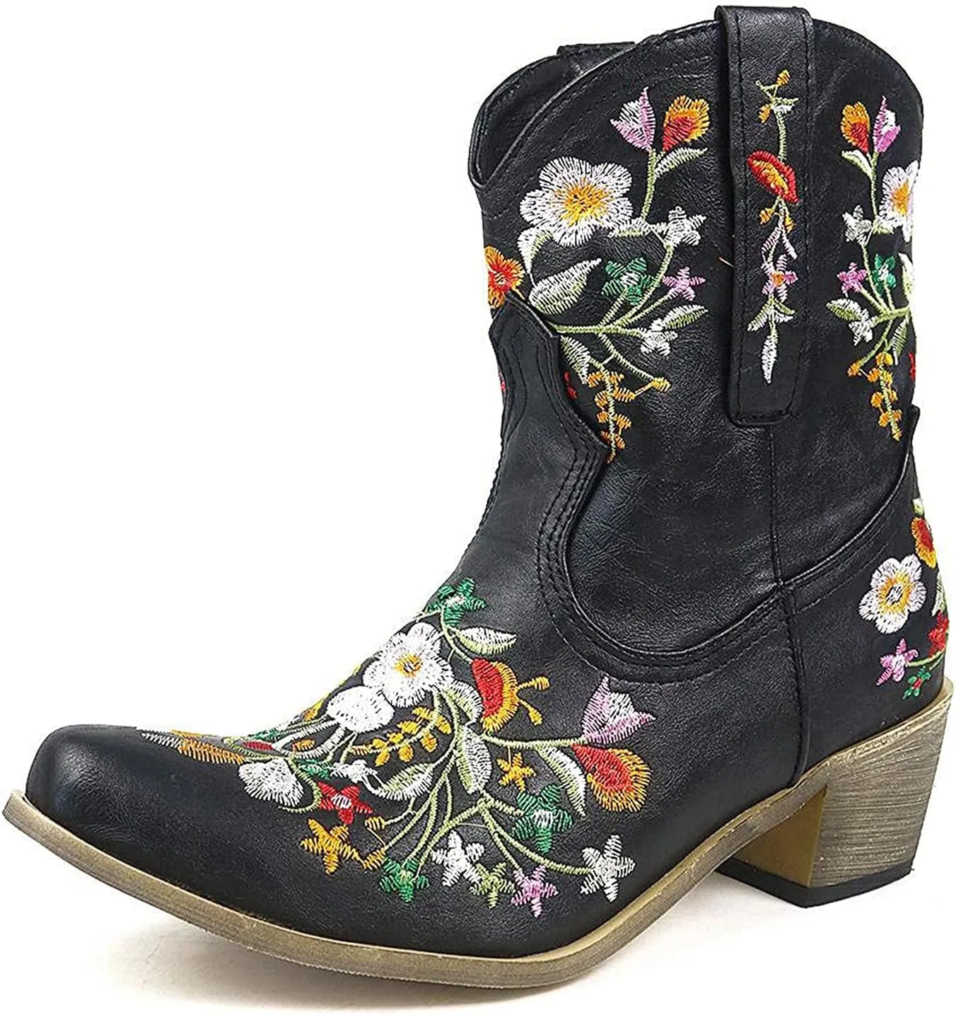 Cowboy Boots for Women Cowgirl Boots Western Fashion Stitched Embroidered Chunky Heels Slip on Black Cowgirl Boots