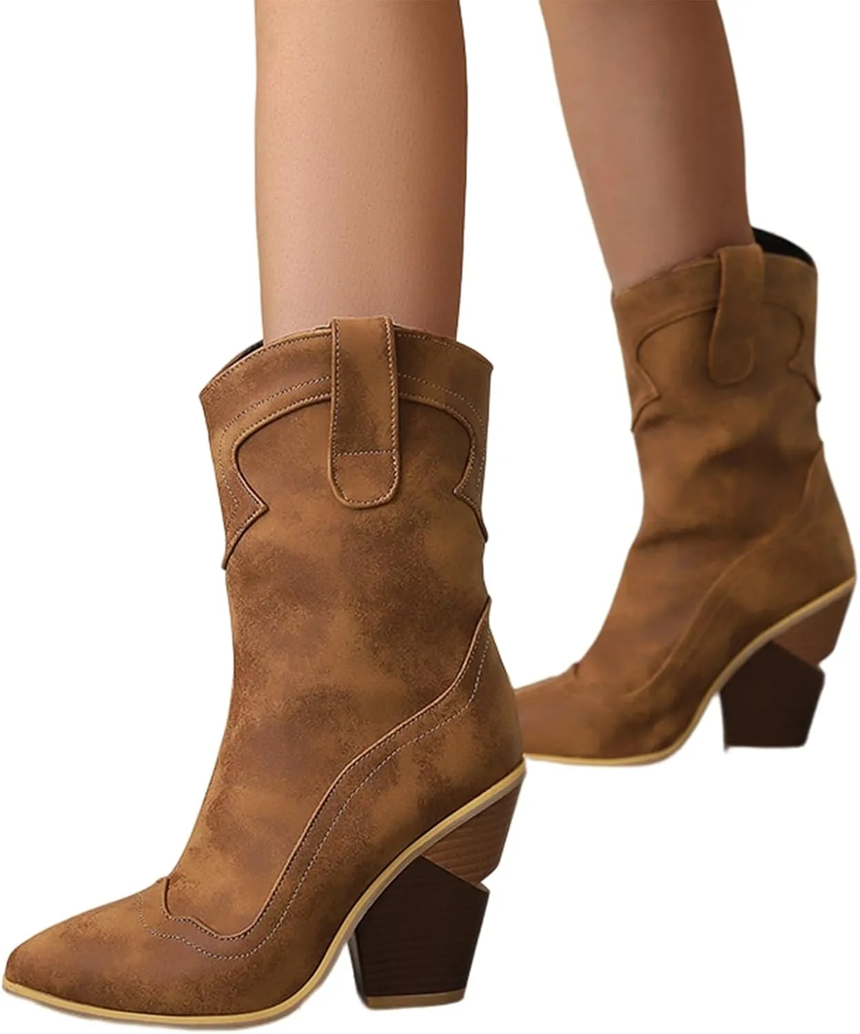 Cowboy Boots for Women Mid Calf Cowgirl Boots Women Cowboy Boots for Women Western Pointed Toe Chunky Heel Ankle Boot
