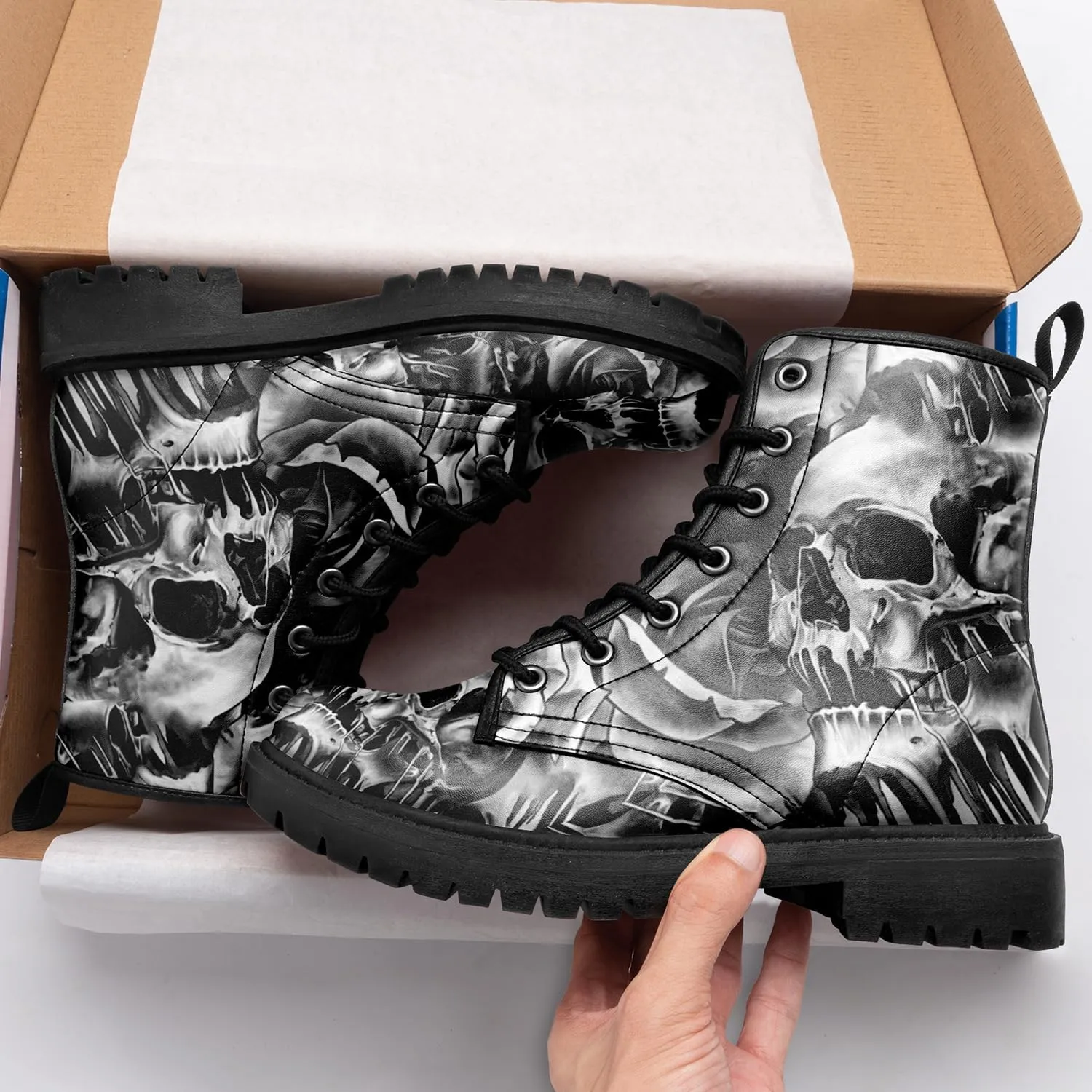 Custom Black Combat Boots for Women Fashion Lace-Up Skull Rose Ankle Booties Chunky Heel Platform Leather Boots