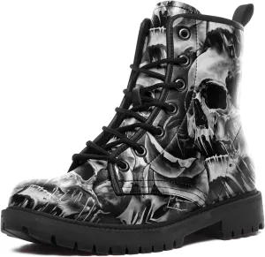 Custom Black Combat Boots for Women Fashion Lace-Up Skull Rose Ankle Booties Chunky Heel Platform Leather Boots