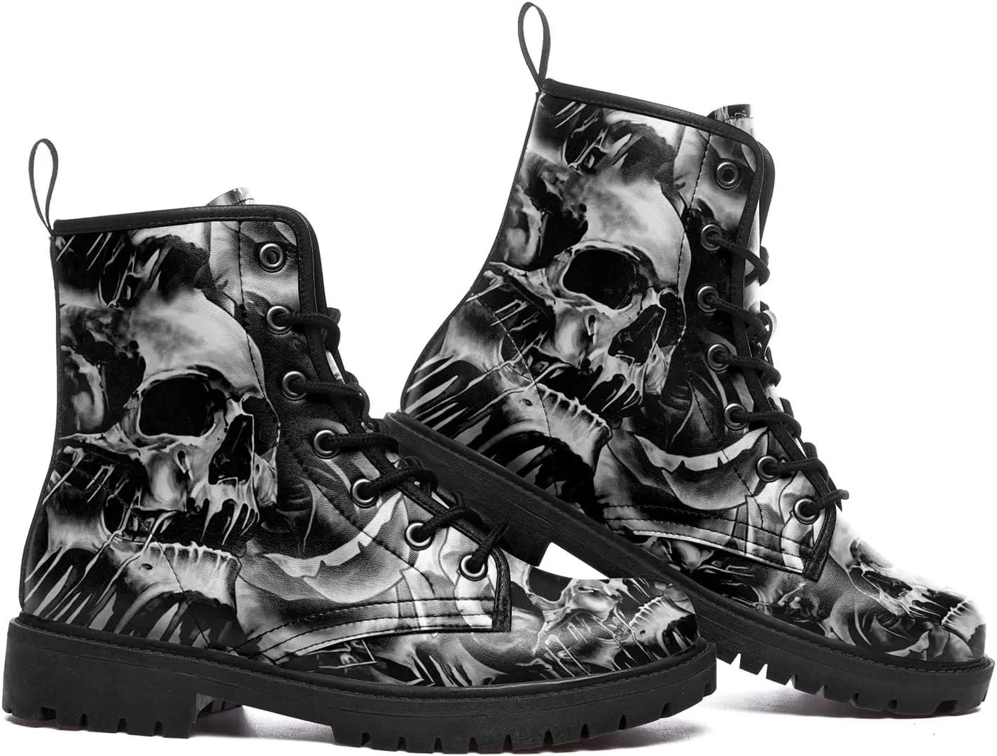 Custom Black Combat Boots for Women Fashion Lace-Up Skull Rose Ankle Booties Chunky Heel Platform Leather Boots