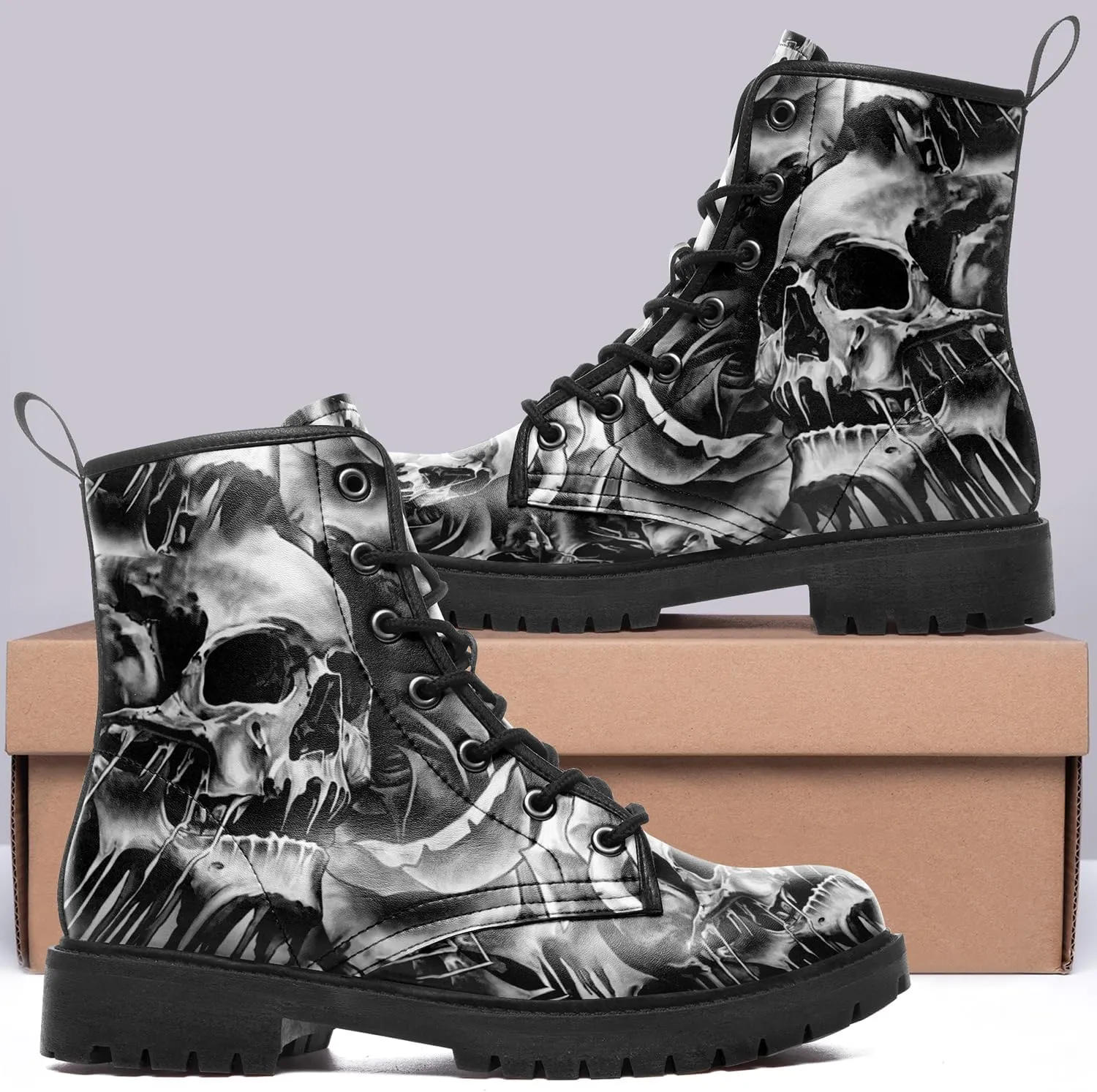 Custom Black Combat Boots for Women Fashion Lace-Up Skull Rose Ankle Booties Chunky Heel Platform Leather Boots