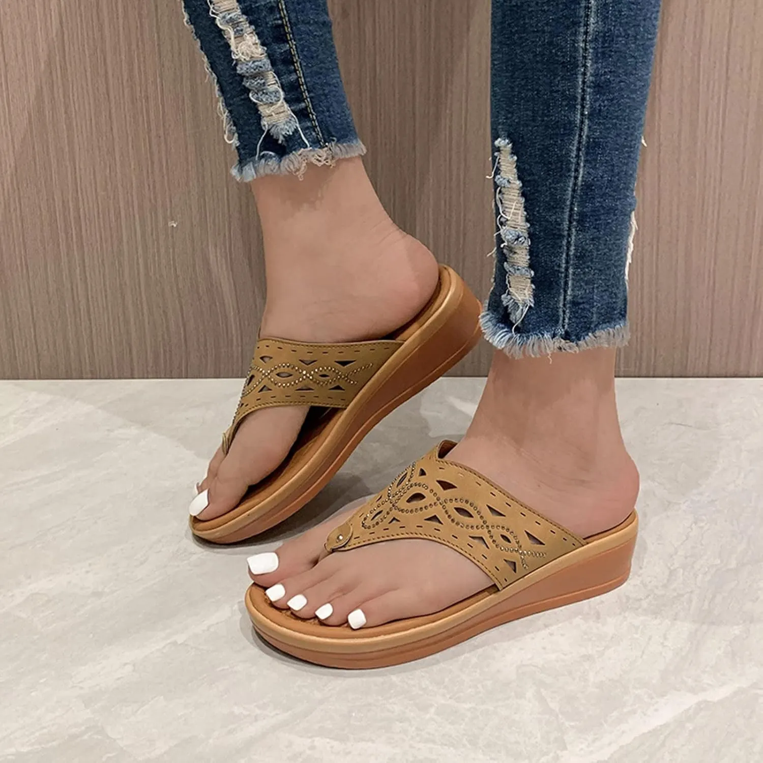 Dheva-C Orthopedic Sandals for Women, Women Walking Slippers with Arch Support Anti-Slip Breathable Bohemia Comfortable Sandal Slip On Flip Flops (Brown-g, 8.5)