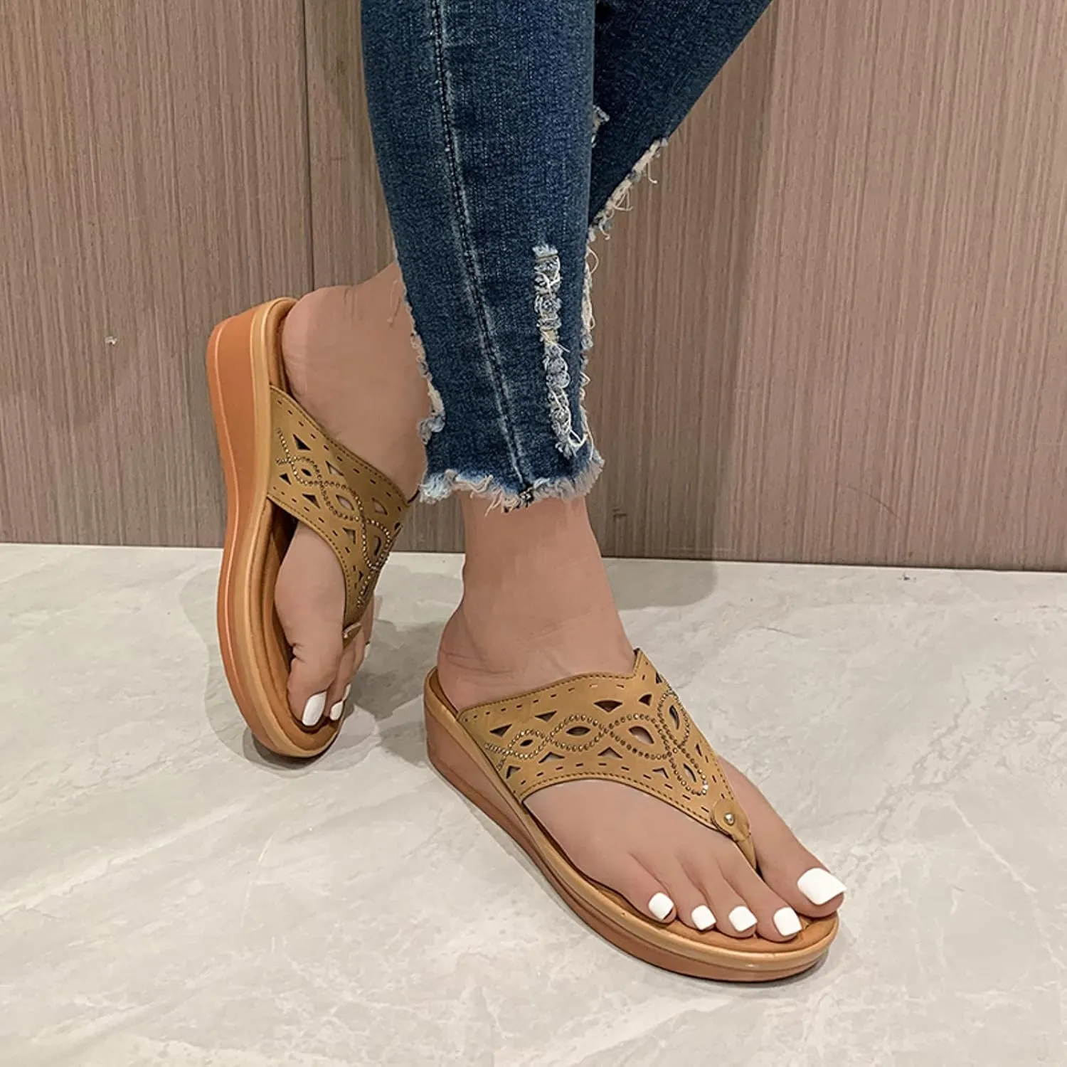 Dheva-C Orthopedic Sandals for Women, Women Walking Slippers with Arch Support Anti-Slip Breathable Bohemia Comfortable Sandal Slip On Flip Flops (Brown-g, 8.5)