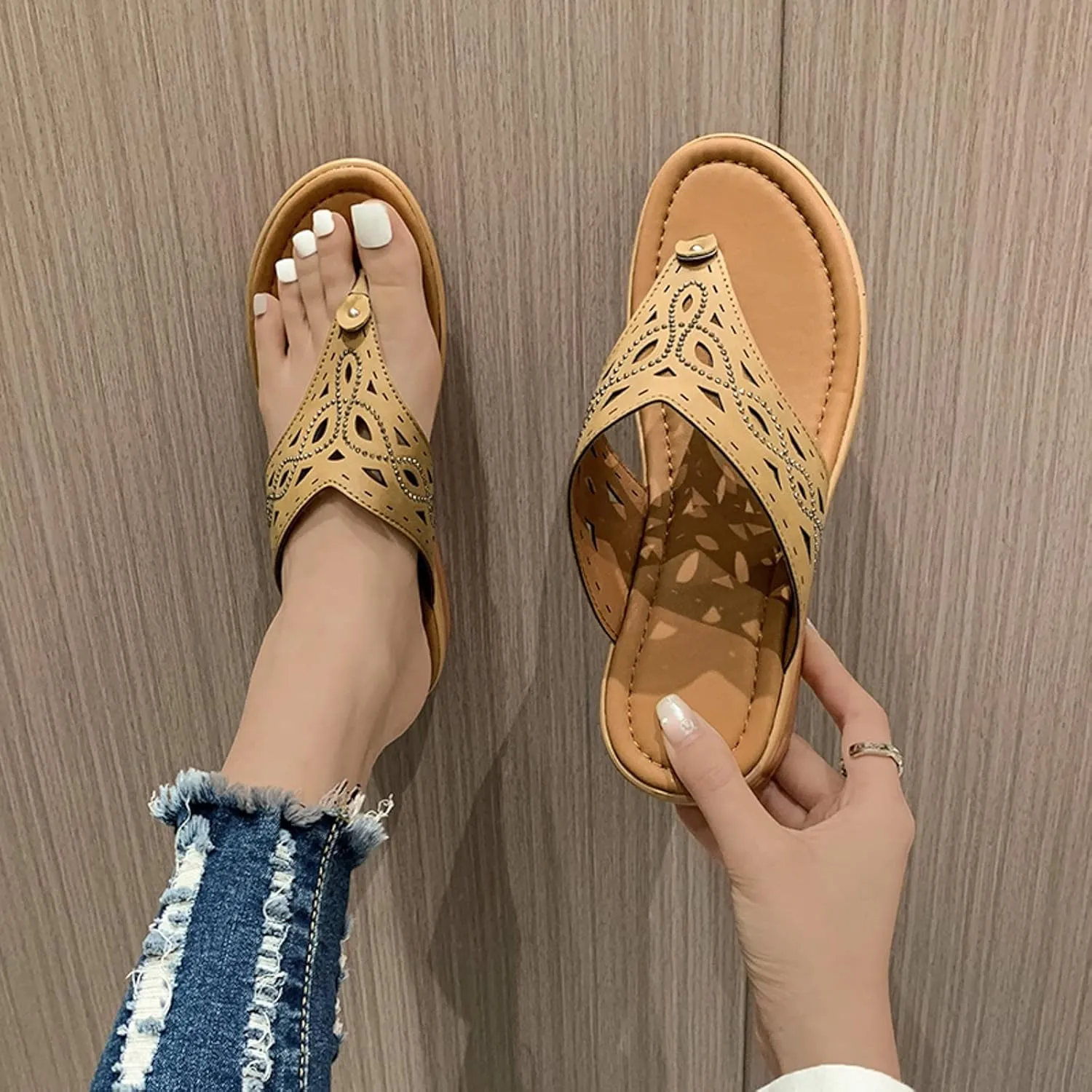 Dheva-C Orthopedic Sandals for Women, Women Walking Slippers with Arch Support Anti-Slip Breathable Bohemia Comfortable Sandal Slip On Flip Flops (Brown-g, 8.5)