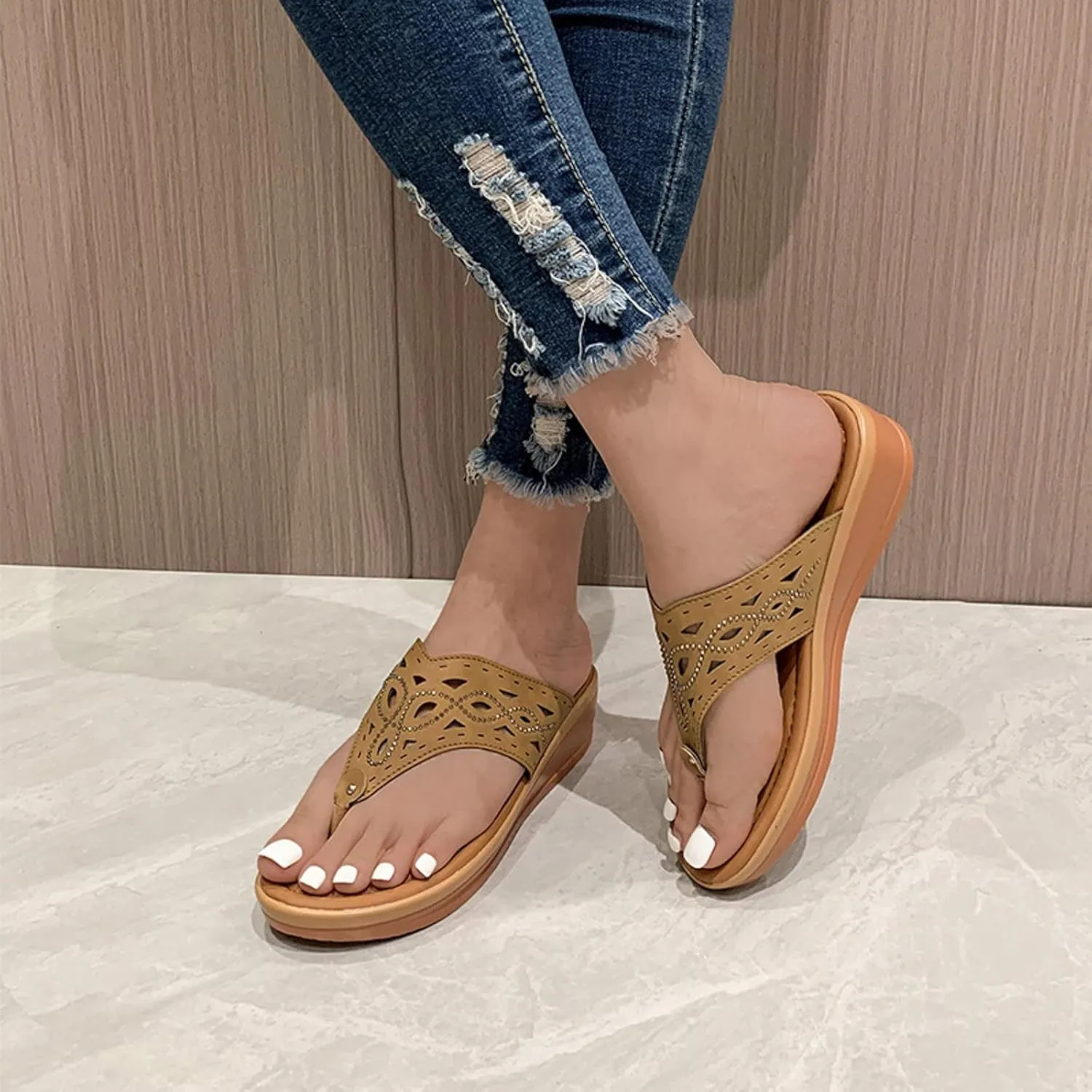 Dheva-C Orthopedic Sandals for Women, Women Walking Slippers with Arch Support Anti-Slip Breathable Bohemia Comfortable Sandal Slip On Flip Flops (Brown-g, 8.5)