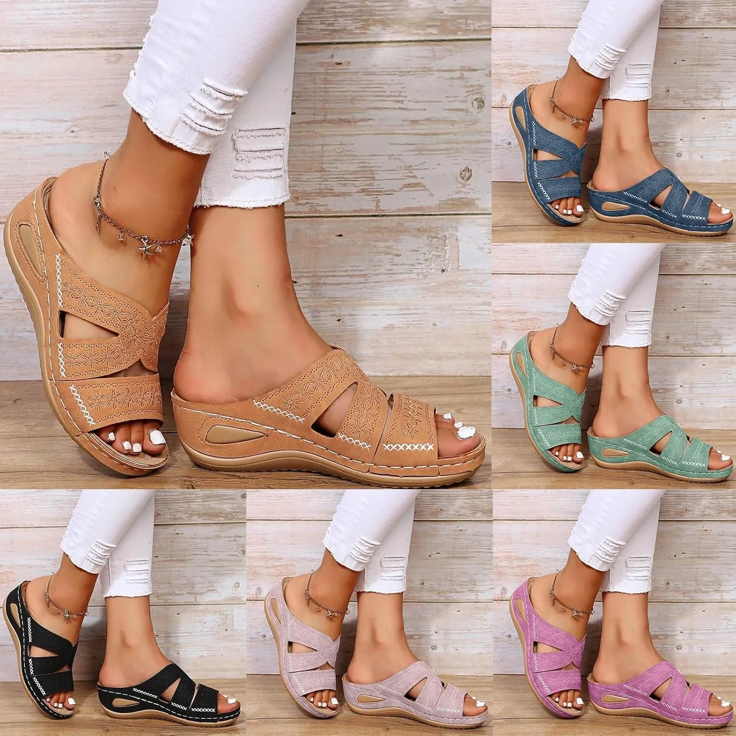 Eduavar Orthopedic Sandals for Women, Womens Sandals Casual Summer Low Wedge Sandals Breathable Open Toe Walking Sandals