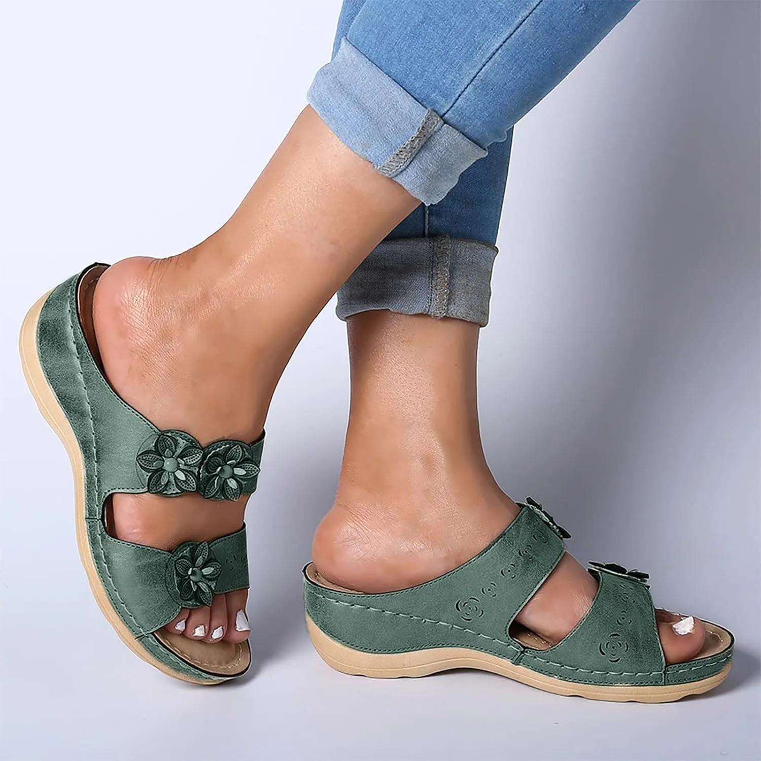 Eduavar Orthopedic Sandals for Women, Womens Sandals Comfortable Wedge Sandals Slip On Floral Open Toe Platform Sandals