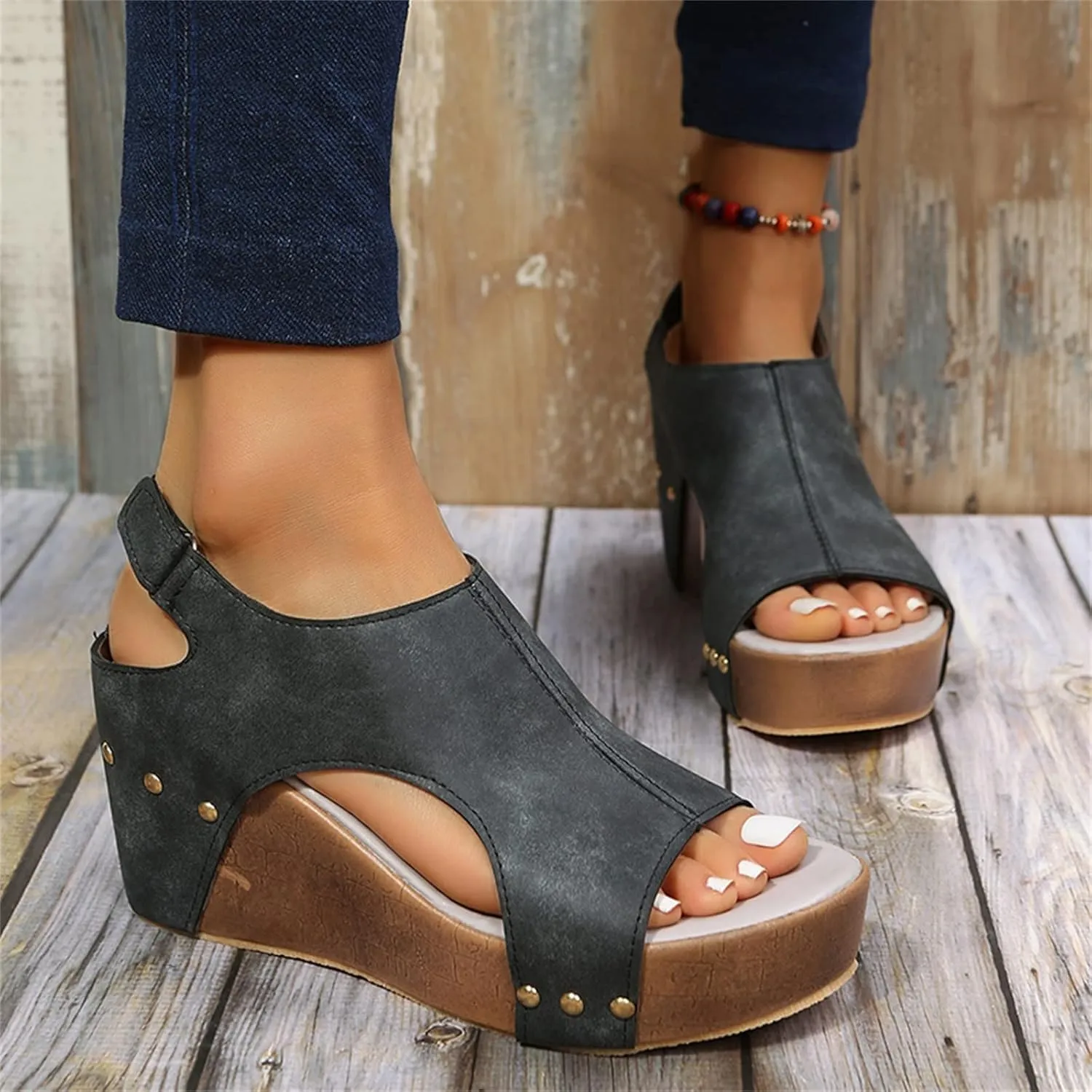 Eduavar Sandalias para Mujer, Women Sandals Dressy Leather Wedge Platform Sandals Open Toe Sandals Shoes
