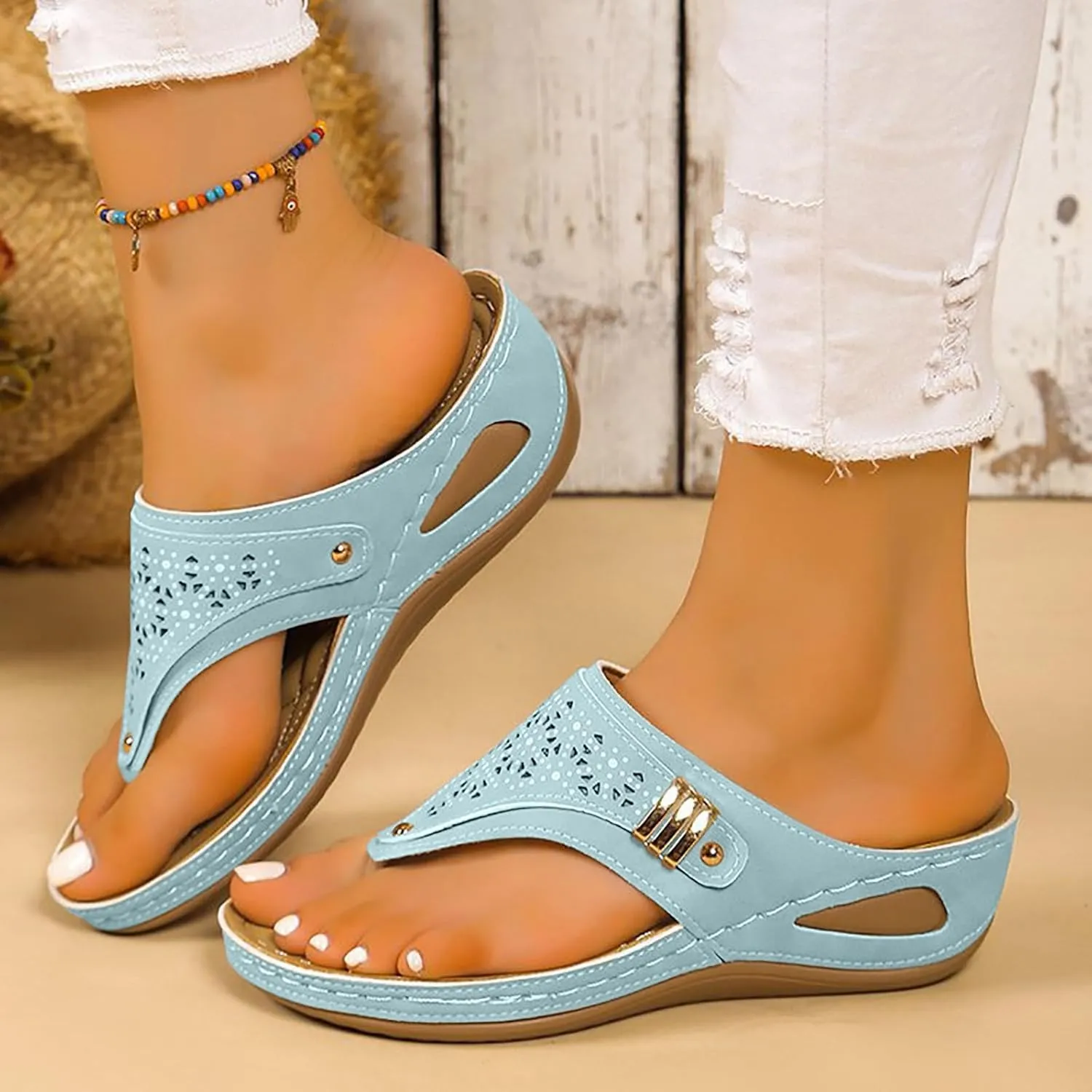 Eduavar Sandals for Women Orthopedic Wedge Flip Flops with Arch Support Lightweight Summer Beach Slip On Walking Slippers