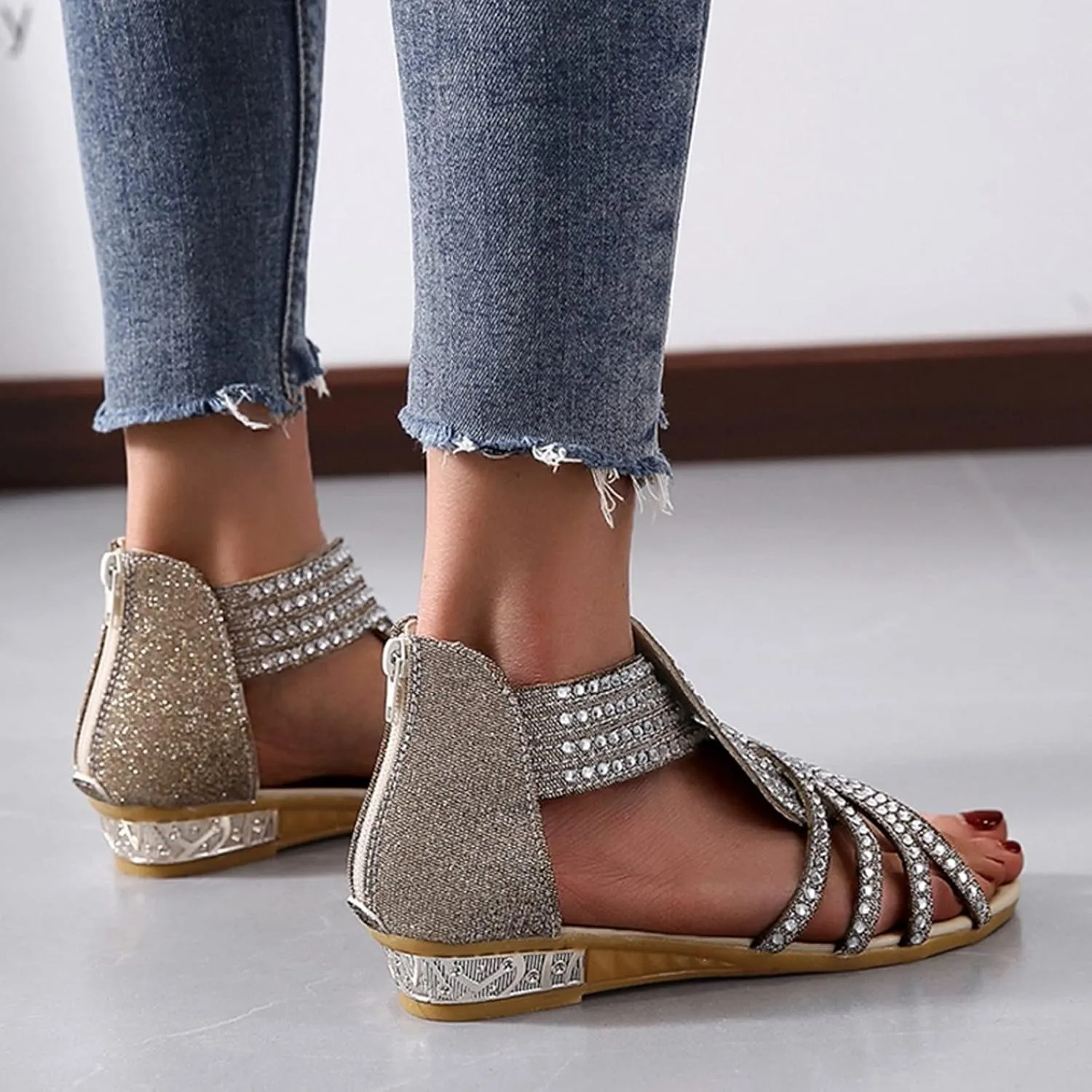 Eduavar Summer Sandals for Women 2023, Sandals Women Dressy Rhinestones Wedge Sandals Open Toe Zip Up Sandals Shoes