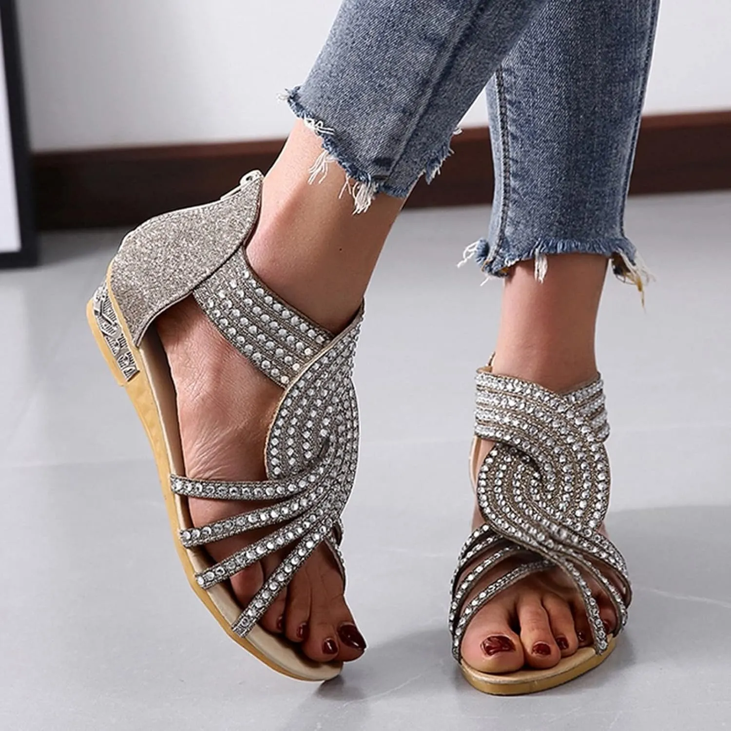 Eduavar Summer Sandals for Women 2023, Sandals Women Dressy Rhinestones Wedge Sandals Open Toe Zip Up Sandals Shoes