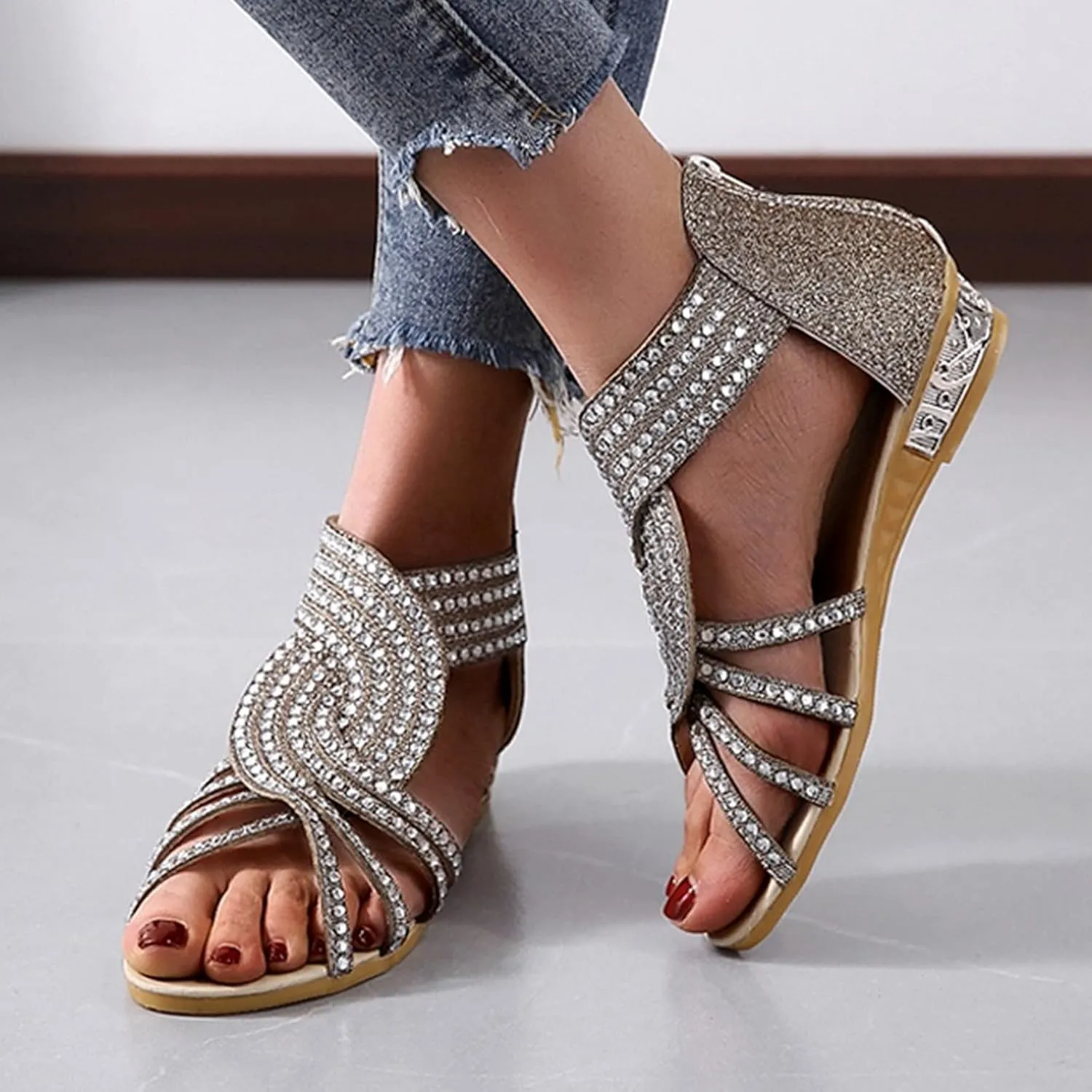 Eduavar Summer Sandals for Women 2023, Sandals Women Dressy Rhinestones Wedge Sandals Open Toe Zip Up Sandals Shoes