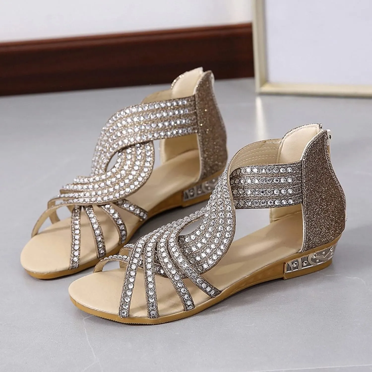 Eduavar Summer Sandals for Women 2023, Sandals Women Dressy Rhinestones Wedge Sandals Open Toe Zip Up Sandals Shoes