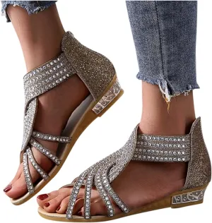 Eduavar Summer Sandals for Women 2023, Sandals Women Dressy Rhinestones Wedge Sandals Open Toe Zip Up Sandals Shoes